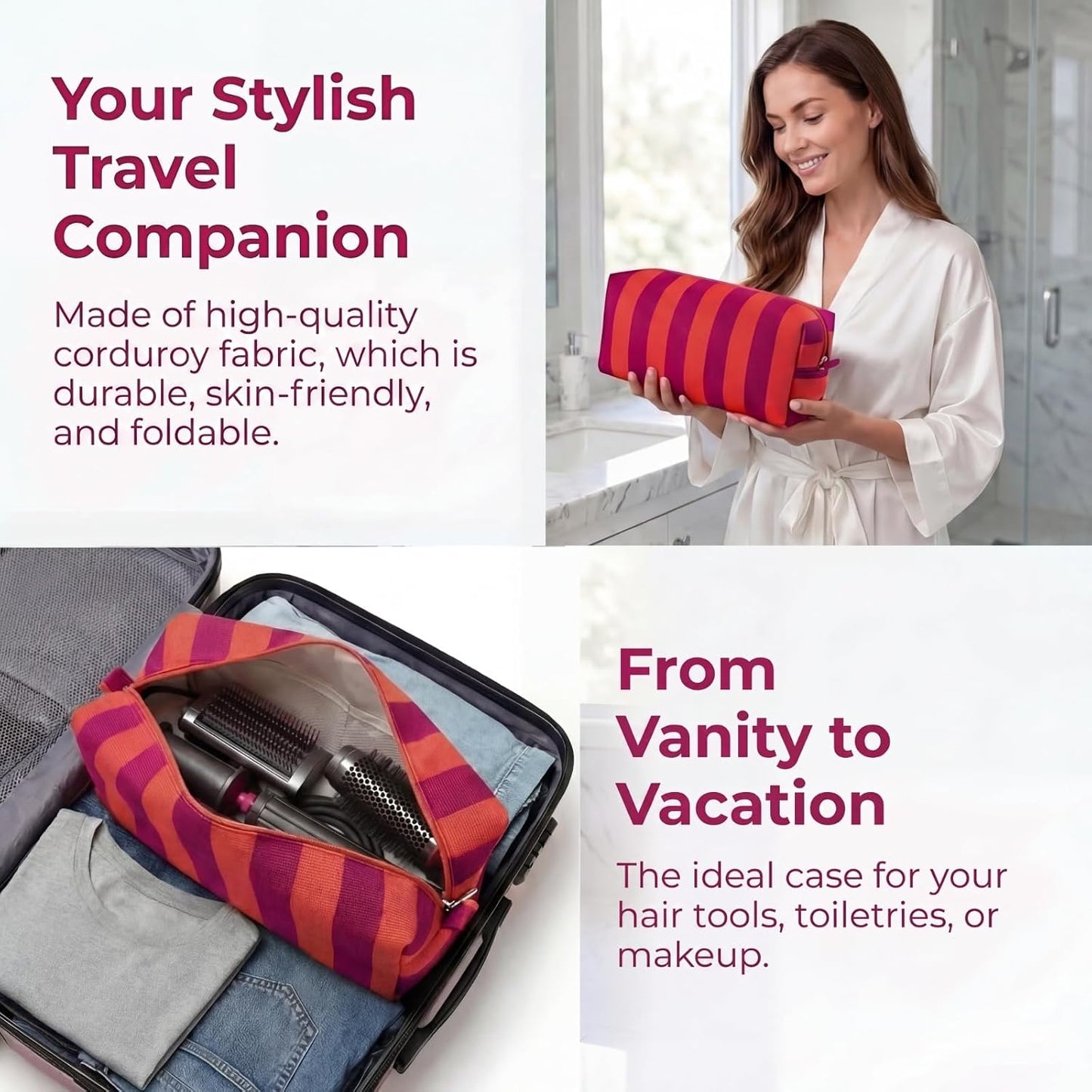 Striped Hair Tools Travel Bag - Corduroy Organizer for Hair Dryer & Flat Iron | Aesthetic Foldable Design (Red & Orange)