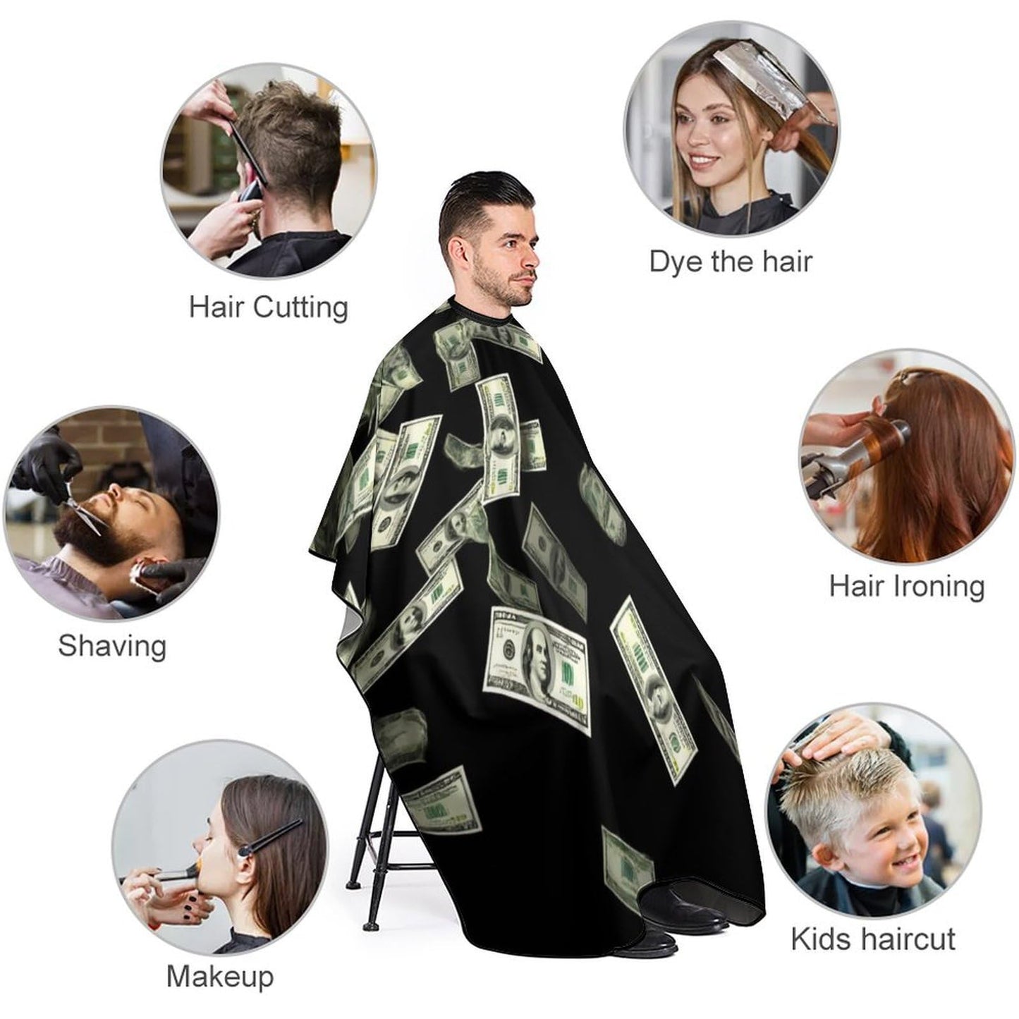 Fashion Barber Cape Unisex Hair Cutting Cape with Adjustable Closure Falling Money American Bill Dollars