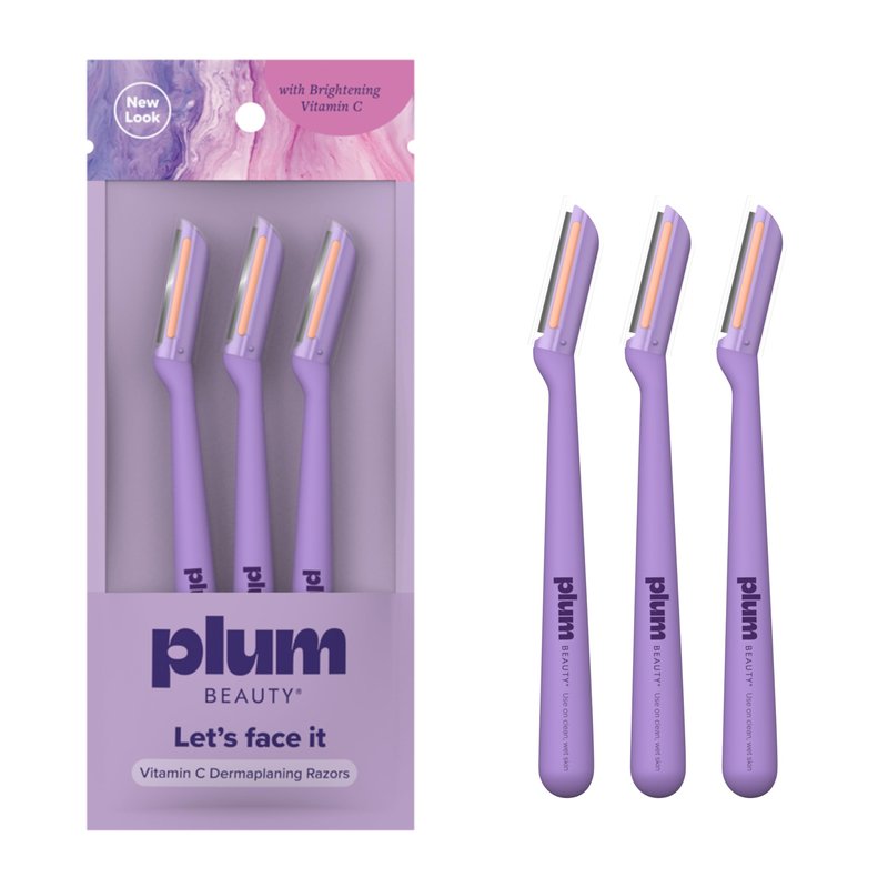Plum Beauty Vitamin C Dermaplaning Razors (3-Pack) – Infused Facial Razors for Women - Peach Fuzz & Dead Skin Remover - Brightening Vitamin C Strip for Collagen Support & Skincare Absorption