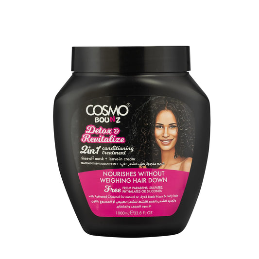 Cosmo Bounz Hair Care Detox & Revitalize 2 In 1 Conditioning Treatment 1000ml Black, Purifying Hair Treatment Cream, Deep Care Hydrating, Frizz Control, Softening Treatment, For All Hair Types