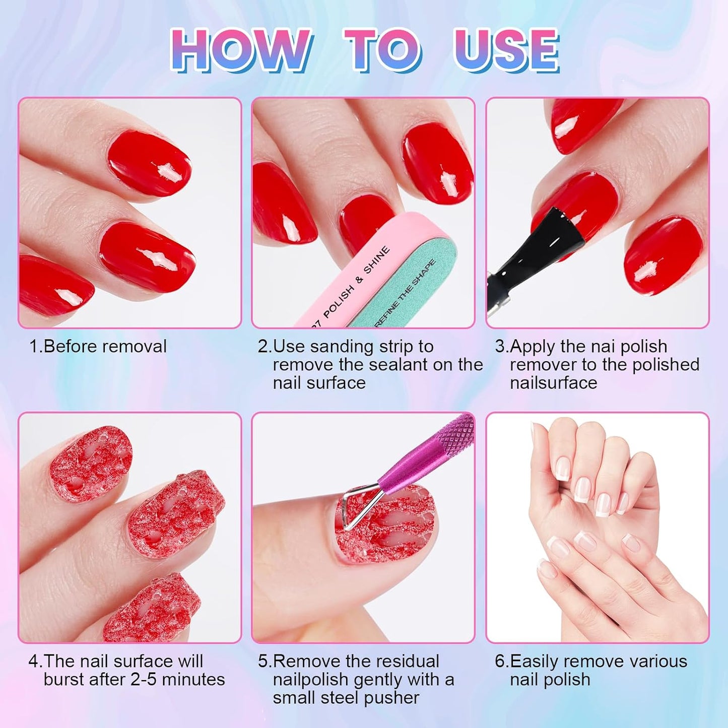 Professional Gel Nail Polish Remover | Non-Irritating Formula for Quick & Easy Removal - Complete Kit with Nail File & Cuticle Pusher