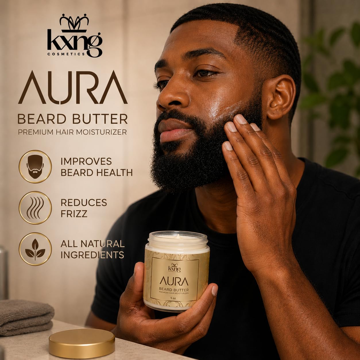 KXNG Cosmetics Luxury Beard Butter for Men – 5oz | Premium Deep Conditioning Beard Moisturizer with Shea & Natural Oils | Softening Balm for Black Men’s Beards & All Beard Types | Aura