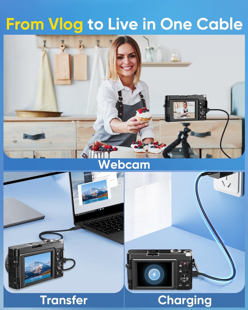 4K Digital Camera for Photography, 2026 Latest WiFi 64MP Vlogging Camera for YouTube with 180° flip Screen, Autofocus Anti-Shake, 16X Zoom, Compact Travel Camera, 32GB Card, 2 Batteries, Black