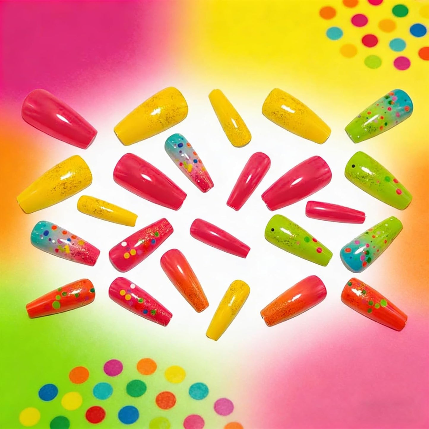 Medium Coffin Press-On Nails - Colorful Gradient Polka Dot Design | 24 Reusable Full Cover Nails for Women