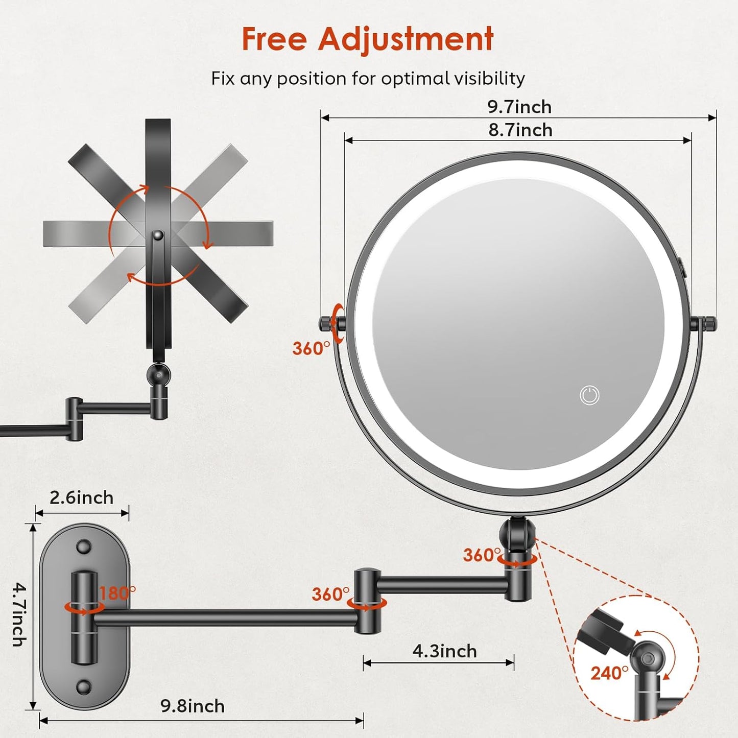 Wall Mounted Lighted Makeup Mirror - 9-Inch Rechargeable Double-Sided 1X/20X Magnification | Touch Dimmable, 360° Rotation, 3 Color Lights