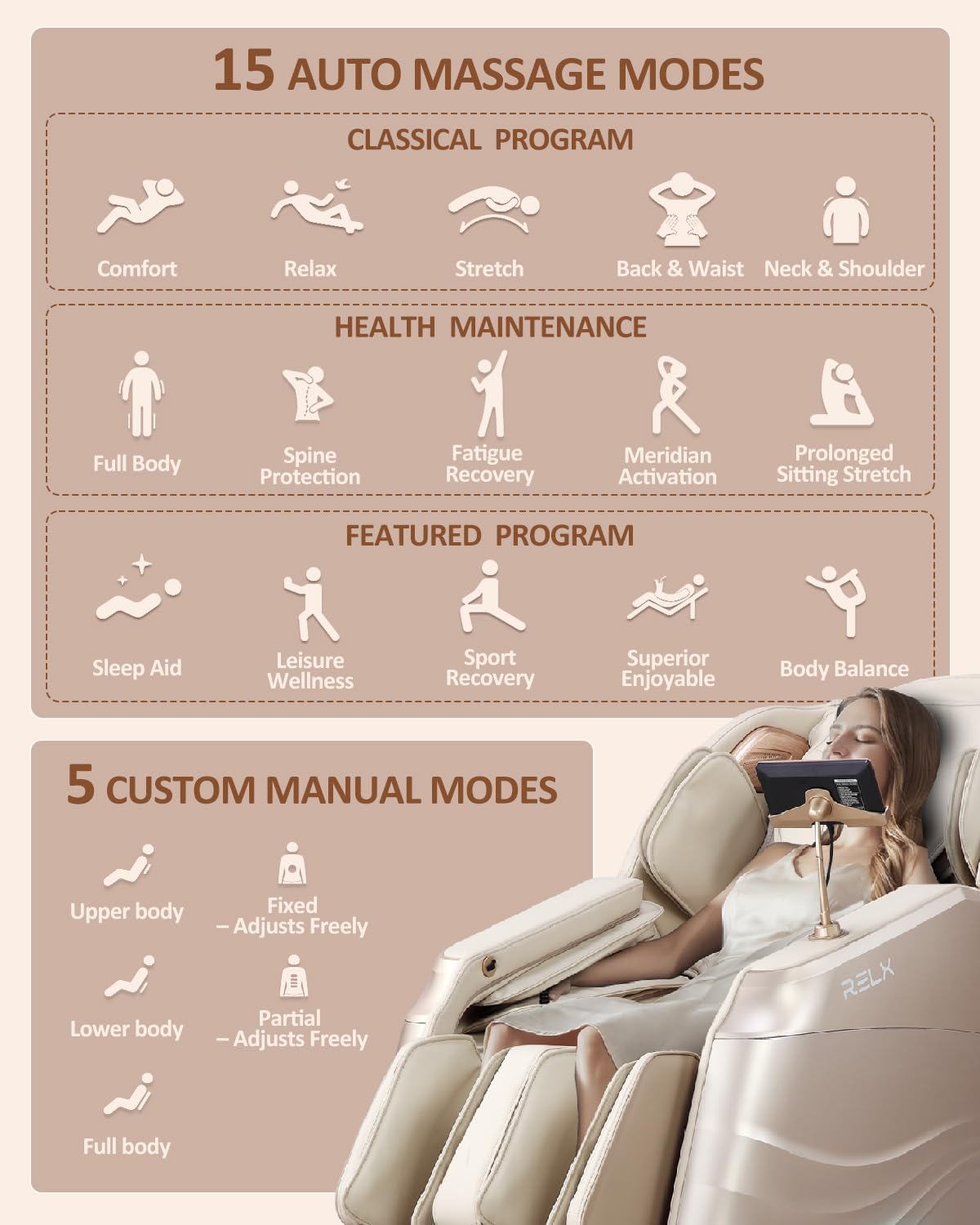 Full Body Shiatsu Massage Chair - 20 Modes, Zero Gravity, Heat & Airbag Massage | Deep Yoga Stretch, Cream