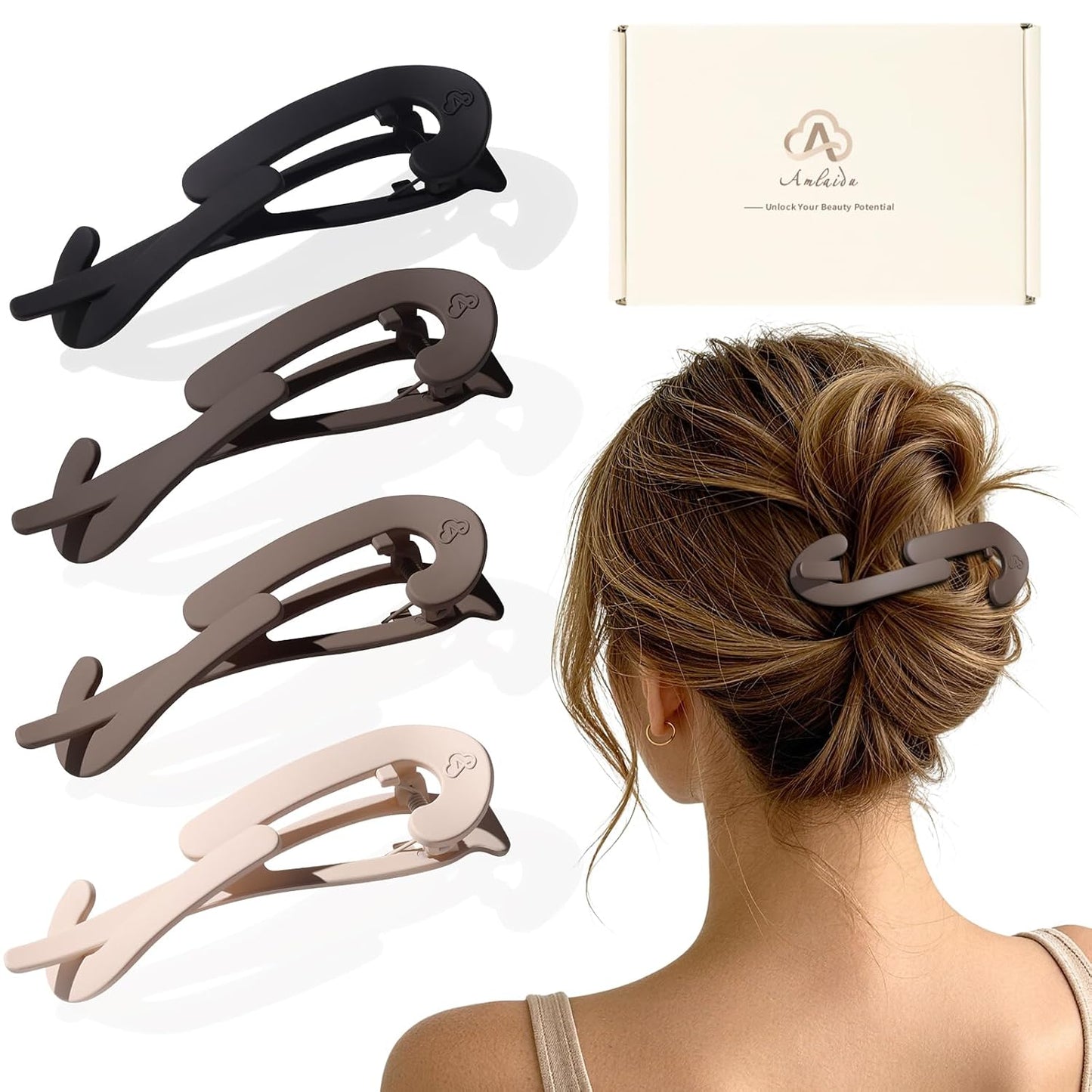 Large Twist Flat Hair Clips - Stylish Tortoise Claw Clips for Medium Thick Hair | 4-Pack for Long, Curly Styles