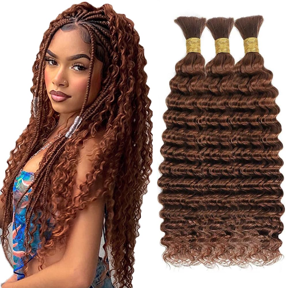 34 34 34 Inch Brown Human Braiding Hair 3 Bundle 150g Deep Wave Bulk No Weft Curly for Boho Braids Wet and Wavy Braiding Hair Extensions