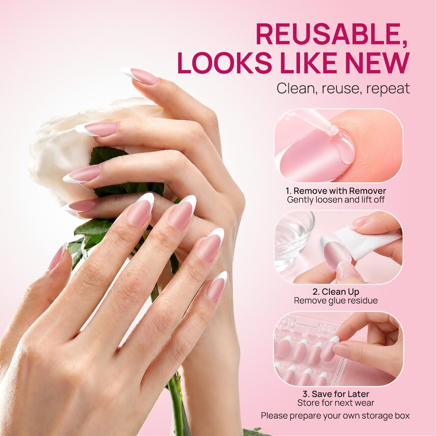 French Tip Short Almond Nail Tips - Pink Matte White Full Cover Press-On Nails | 15 Sizes for Salon & DIY Use
