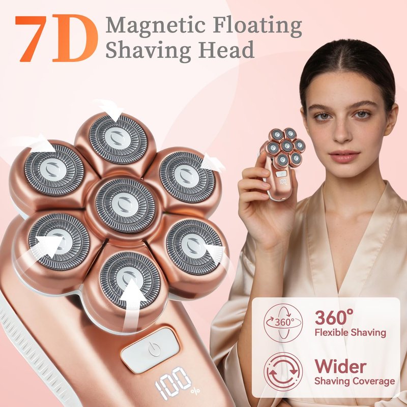 SPOTLESE Electric Razors for Women, 5-in-1 Electric Shaver with 7D Magnetic Head, IPX7 Waterproof Wet Dry Hair Remover with LED Display, Travel Lock for Body Face Underarms Bikini Legs (Rose Gold)