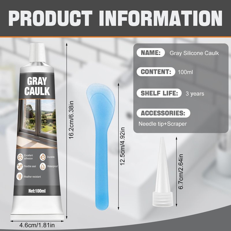 kuailaya Gray Caulk, Gray Silicone Caulk Grey Caulk Grey Caulking Waterproof Strong Elastic Adhesive Durable Excellent Sealing Ability for Bathrooms Kitchen Sinks Doors and Windows, 100ml