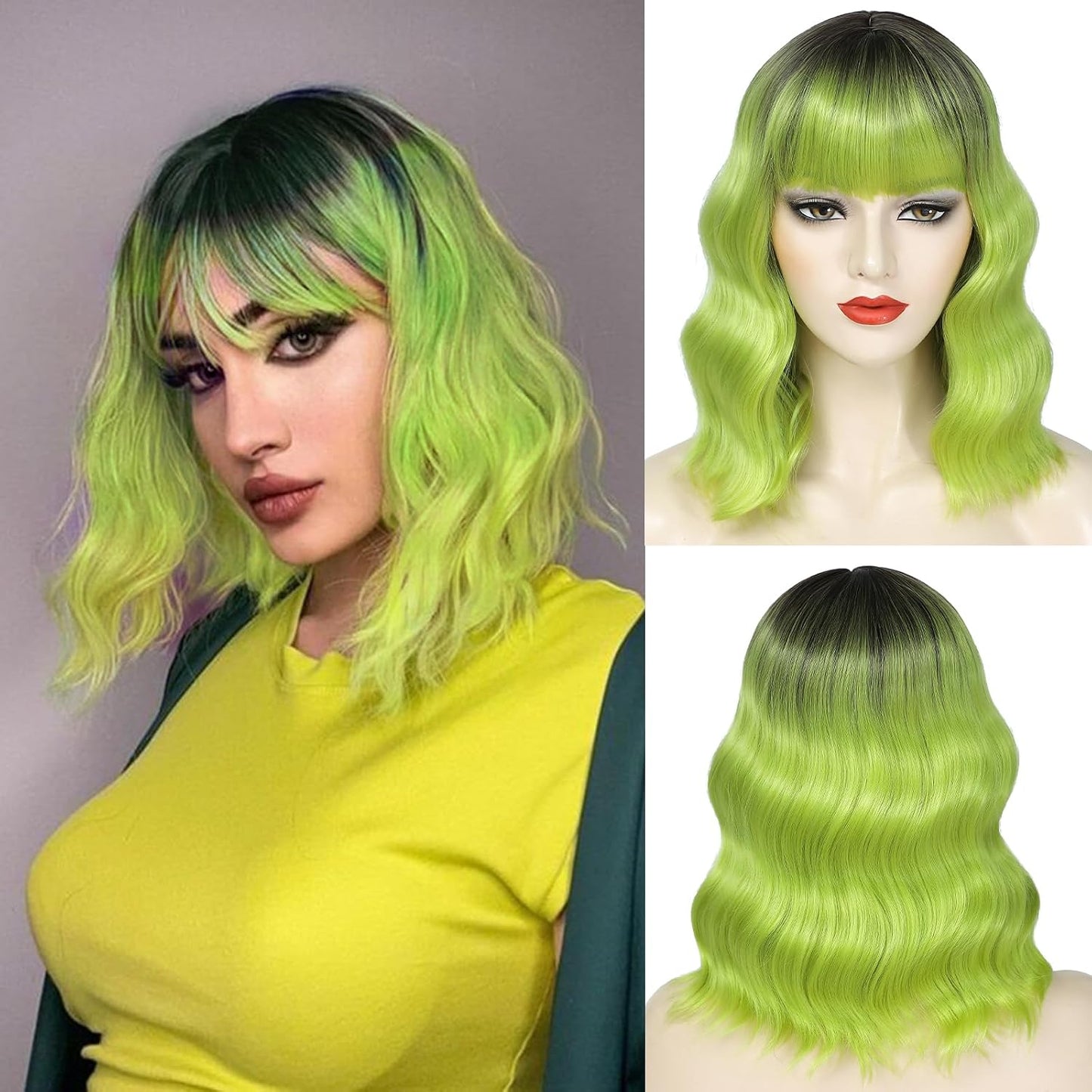Emerald Green Wavy Bob Wig with Bangs - Shoulder Length Synthetic Cosplay Hair