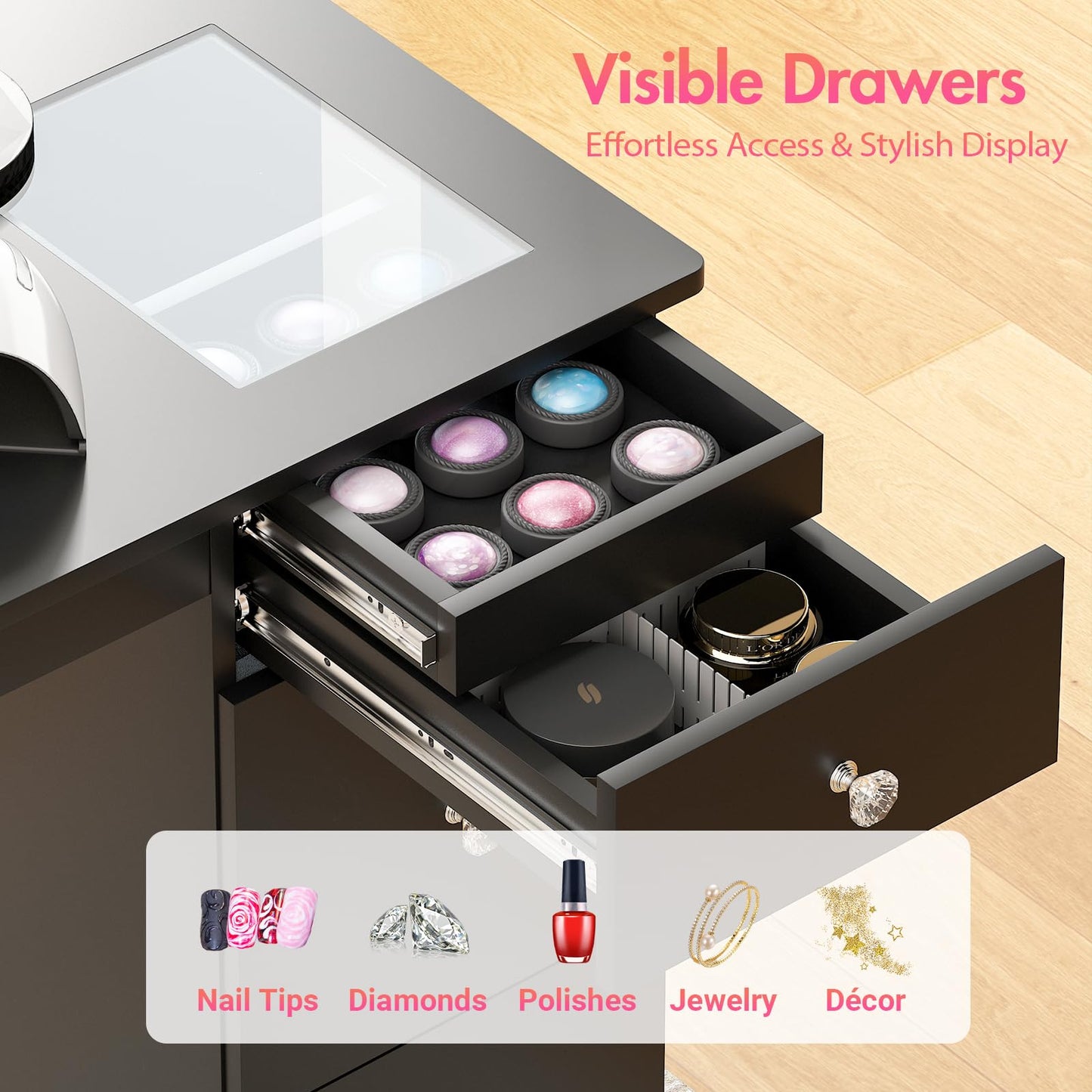 Manicure Table for Nail Tech with Glass Top, Visible Drawers & Trash Bag Holder, Acetone-Resistant Manicure Nail Desk, Beauty Salon Workstation with Wrist Rest & Electric Dust Collector (Black)