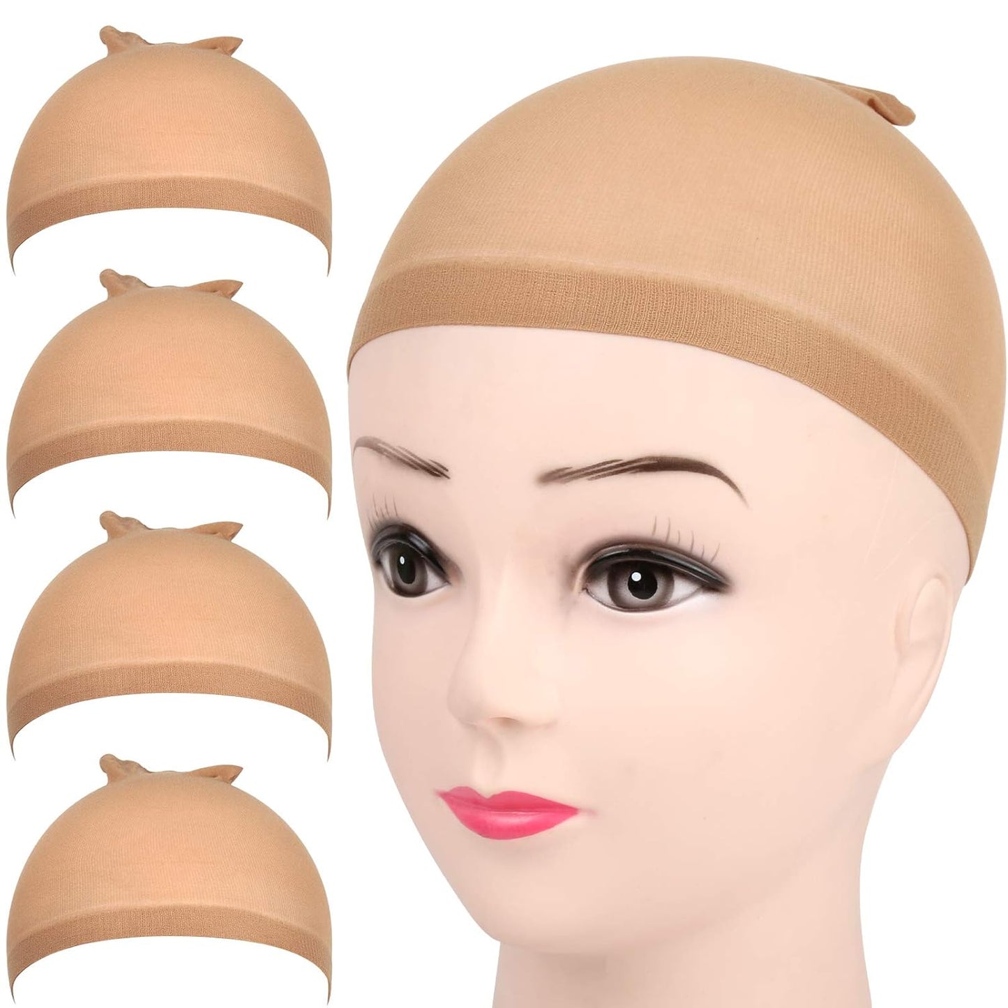 Light Brown Stocking Wig Caps - 4 Pack Stretchy Nylon for Women
