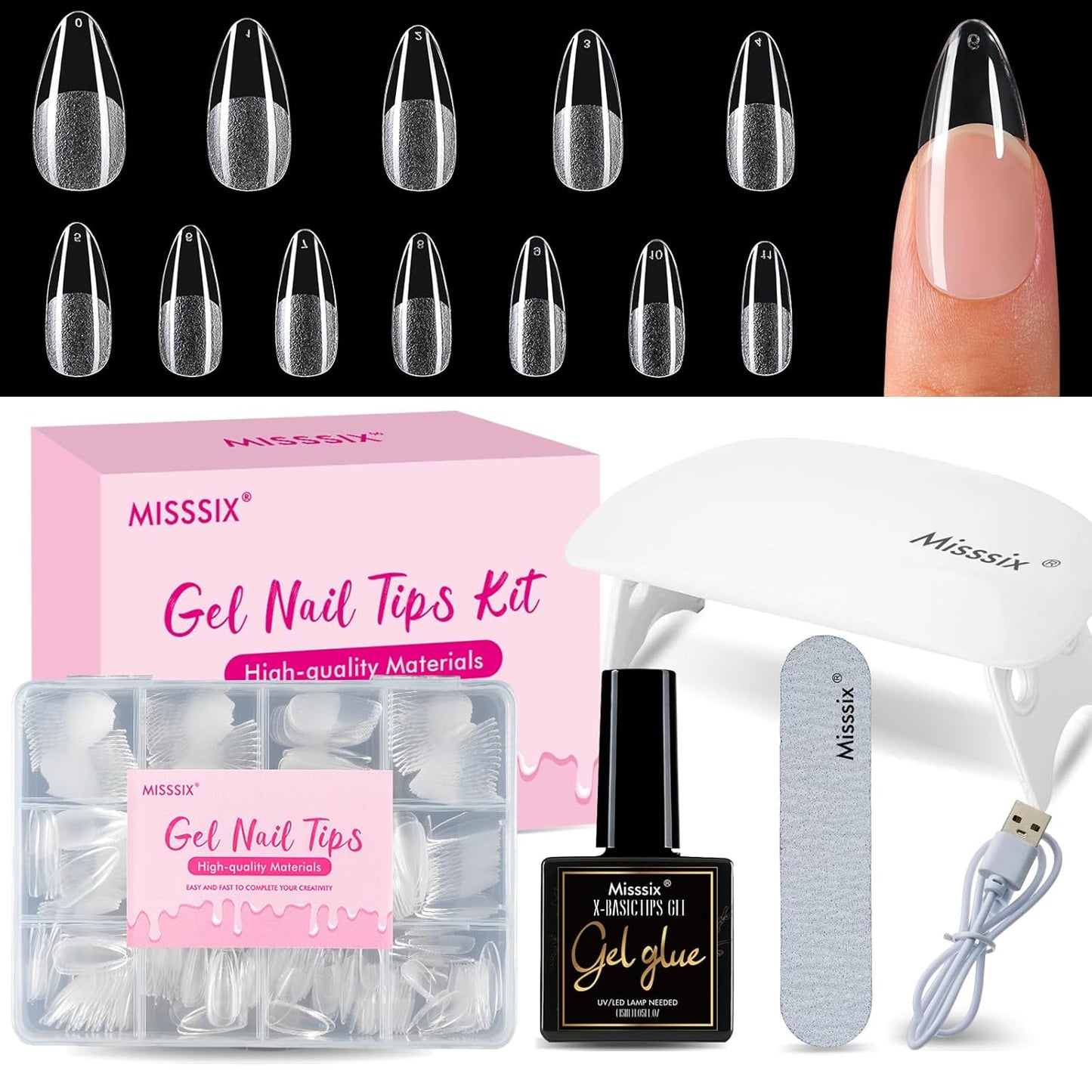 Almond Gel Nail Tips Kit - 216 Pre-Etched Clear Fake Nails | 9-in-1 Gel Glue & Mini UV Lamp for Women, 12 Sizes