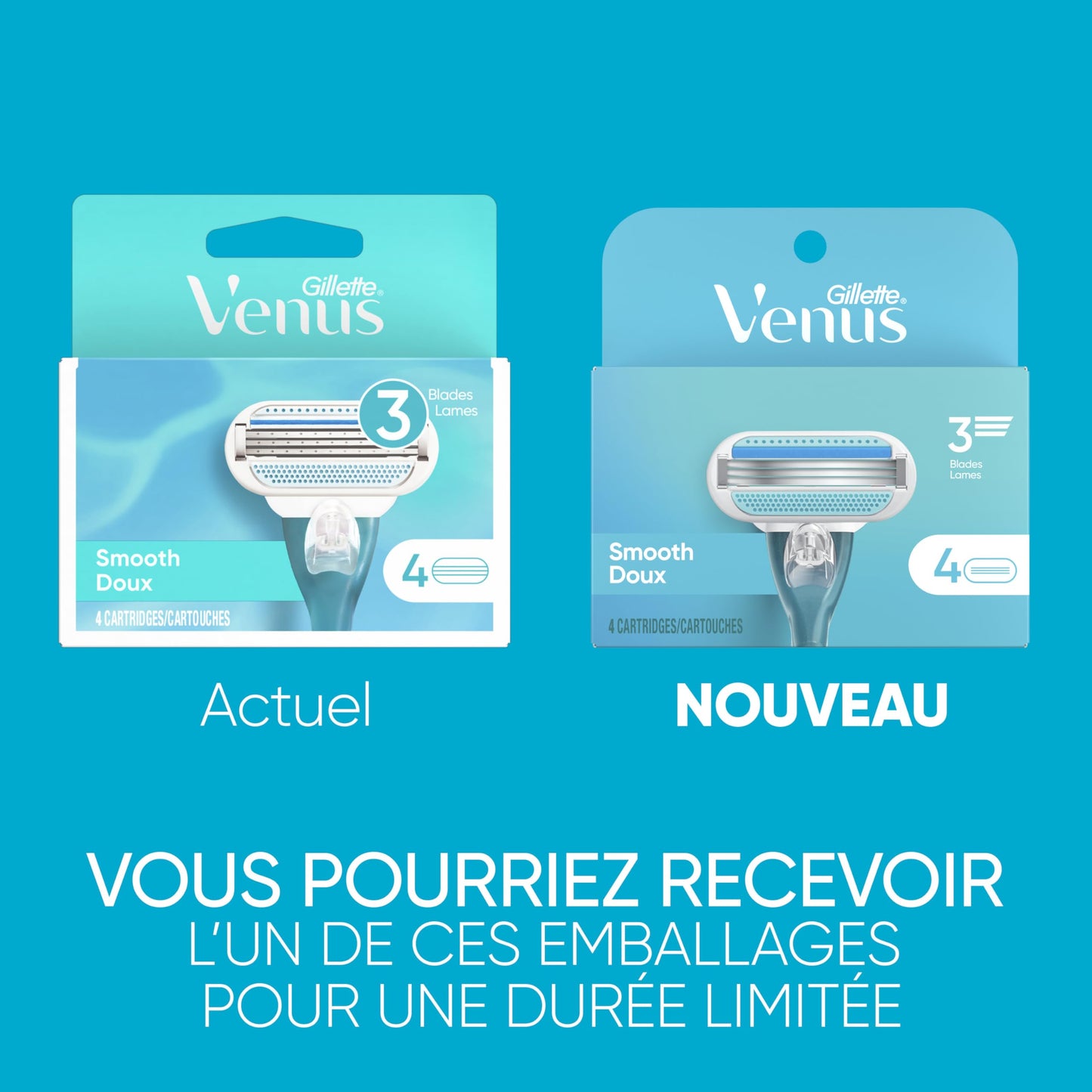 Gillette Venus Women's Original 3 Blade Razor Refills, 4 Count (Packaging May Vary)