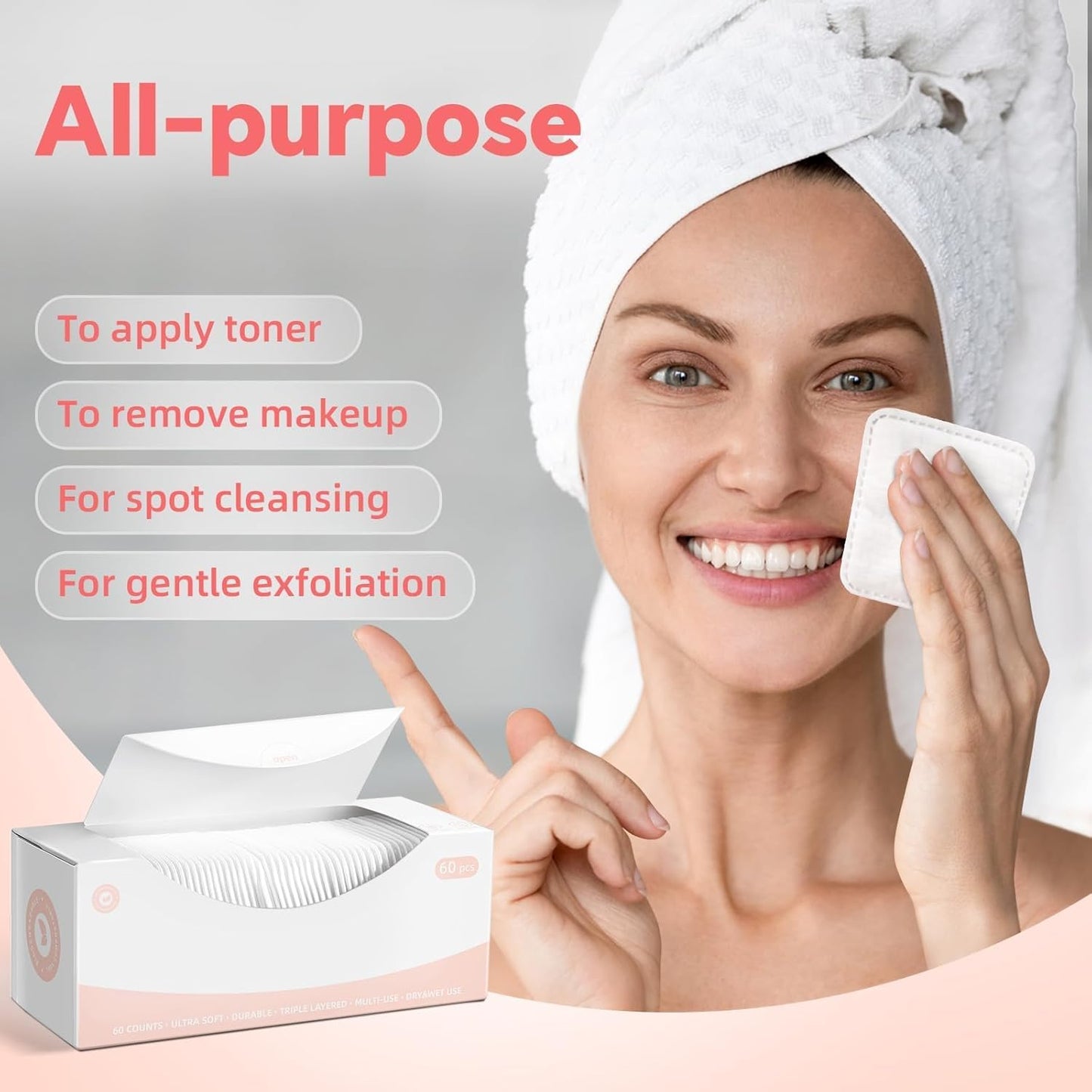 Square Cotton Pads - 100% Cotton, Triple-Layer Design for Daily Skin Care | 60 Count