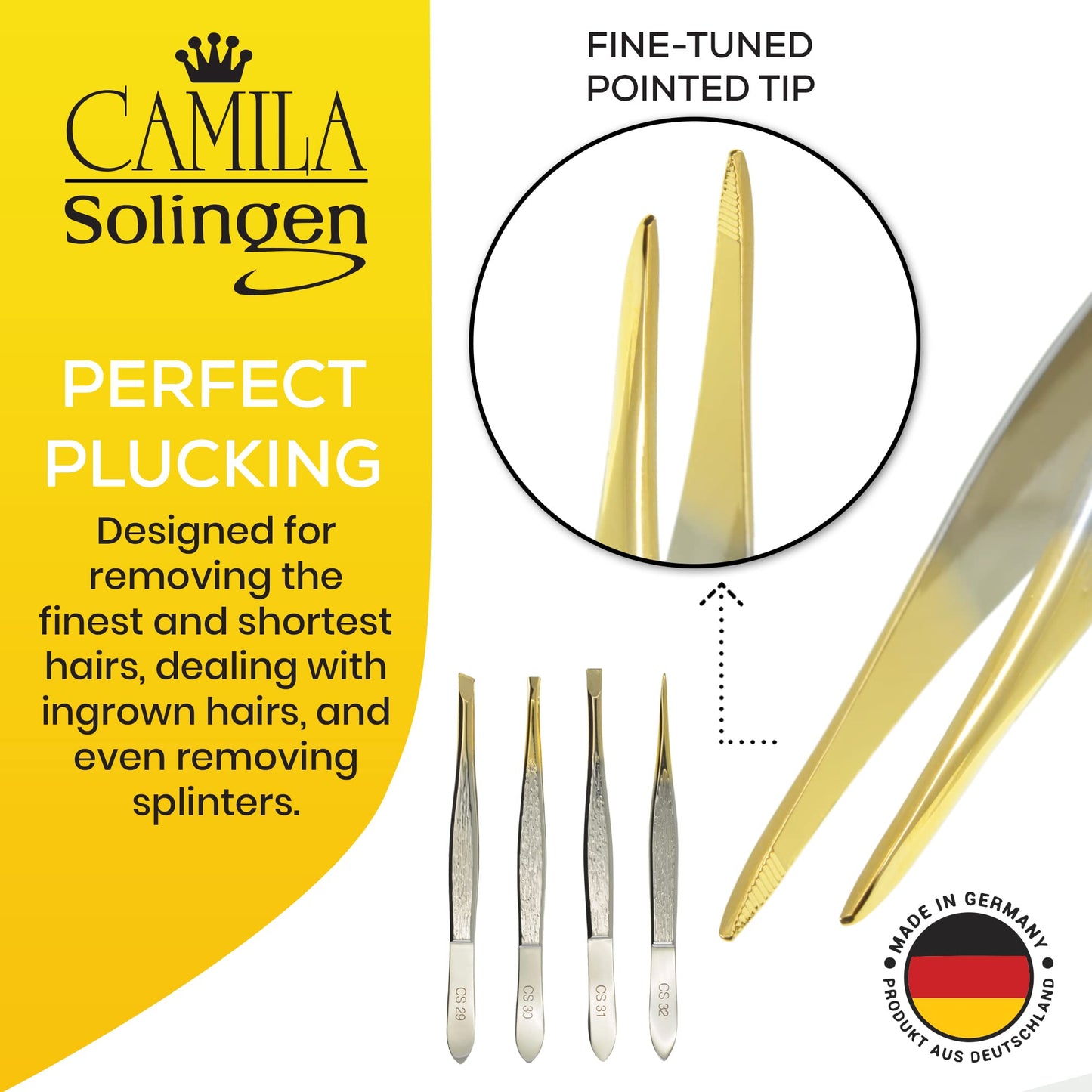 Camila Solingen CS32 3 1/2" Gold Tipped, Surgical Grade, German Carbon Steel Tweezers (Pointed) - Flawless Eyebrow and Facial Hair Shaping and Removal for Men/Women