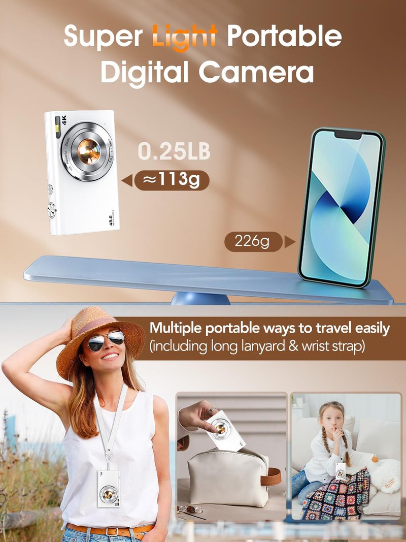 Digital Camera,Autofocus 4K Vlogging Camera for Photography with 32GB Card,48MP Portable Compact Point and Shoot Digital Camera for Teens Adult Beginner with 16X Zoom,Anti-Shake,2 Batteries(White)