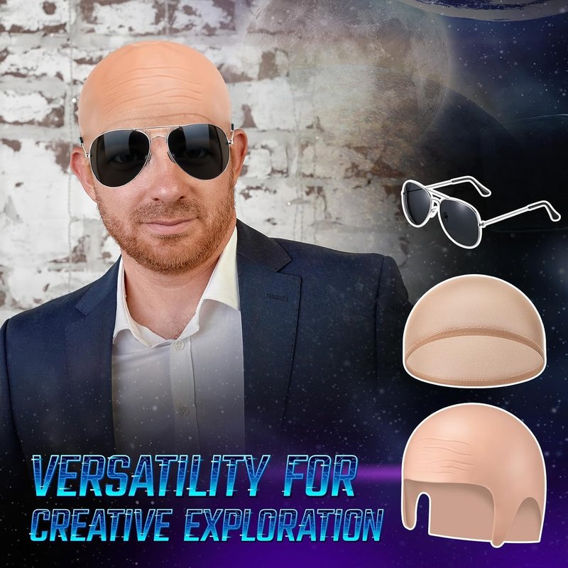 Bald Caps for Men & Women - Nylon Makeup Wig Cap with Glasses | Cosplay Costume Accessory