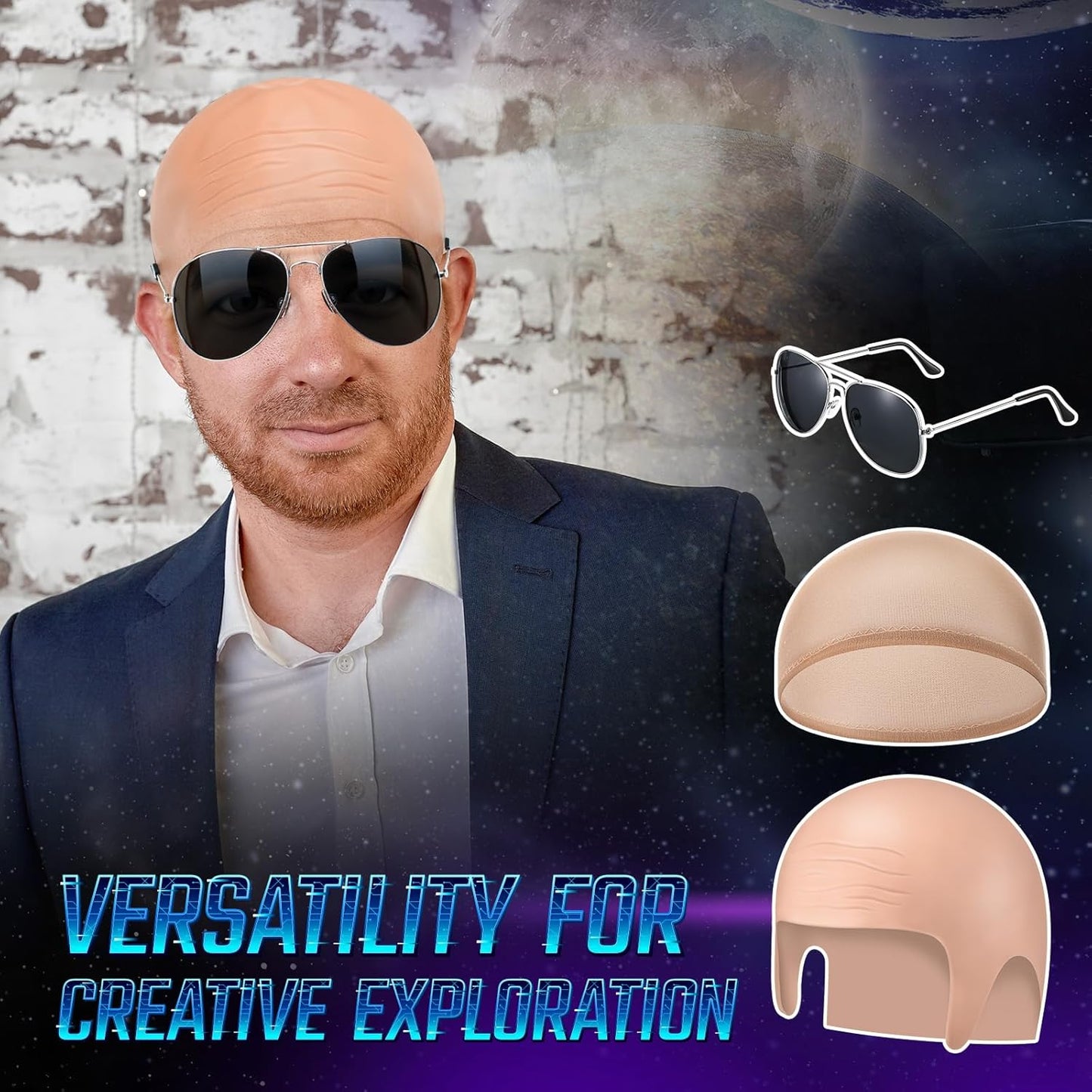 Bald Caps for Cosplay | Nylon Makeup Latex Wig Cap with Glasses for Men & Women