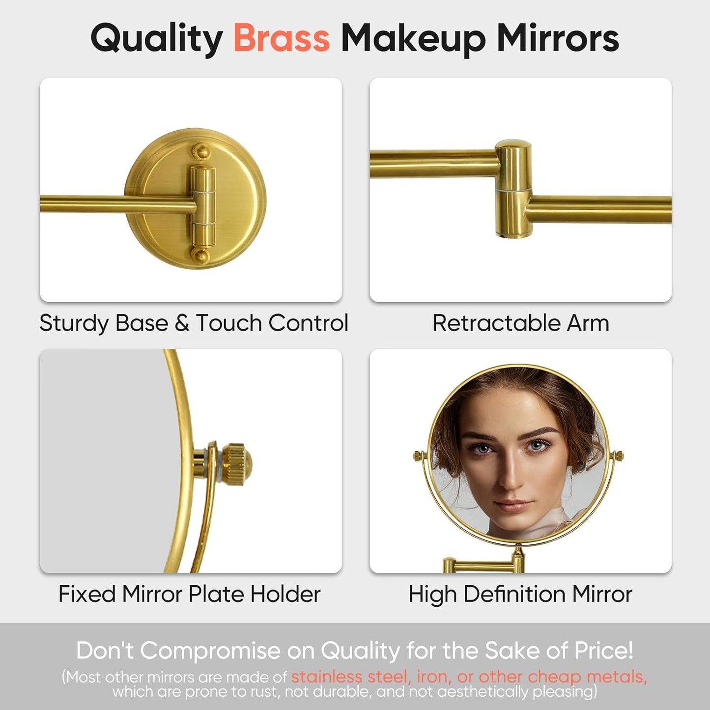 GURUN 8" Wall Mounted Makeup Mirror - 10X Magnification, Two-Sided Swivel, Brushed Gold Finish | Ideal for Women & Moms