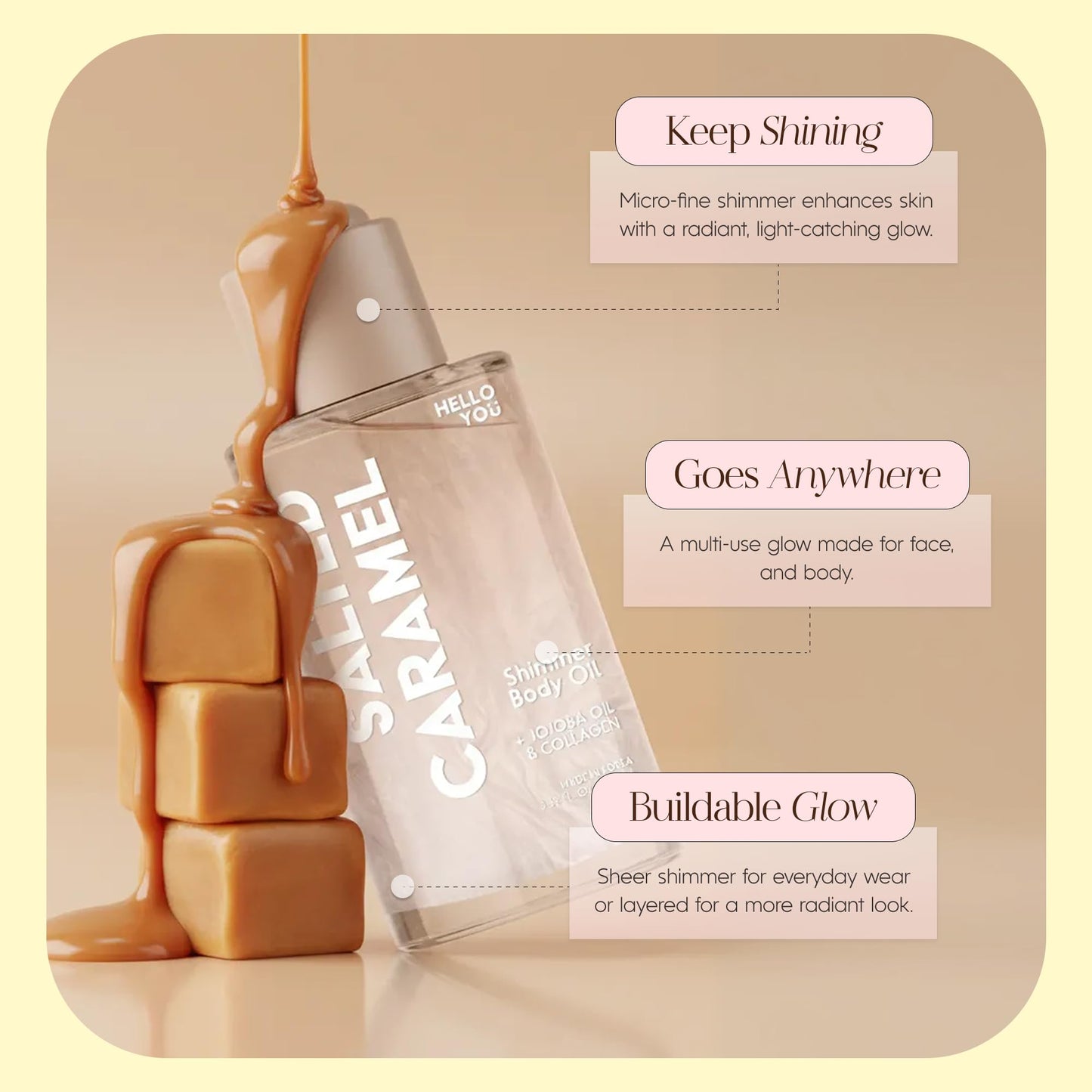 Hello You Jojoba Oil & Collagen Shimmer Body Oil – Dermatologist Tested, Anti Aging, Korean Skin Care – Firming Glow, Hydrating Moisturizer with Salted Caramel Scent – Vegan Clean Beauty – 3.38 Fl Oz