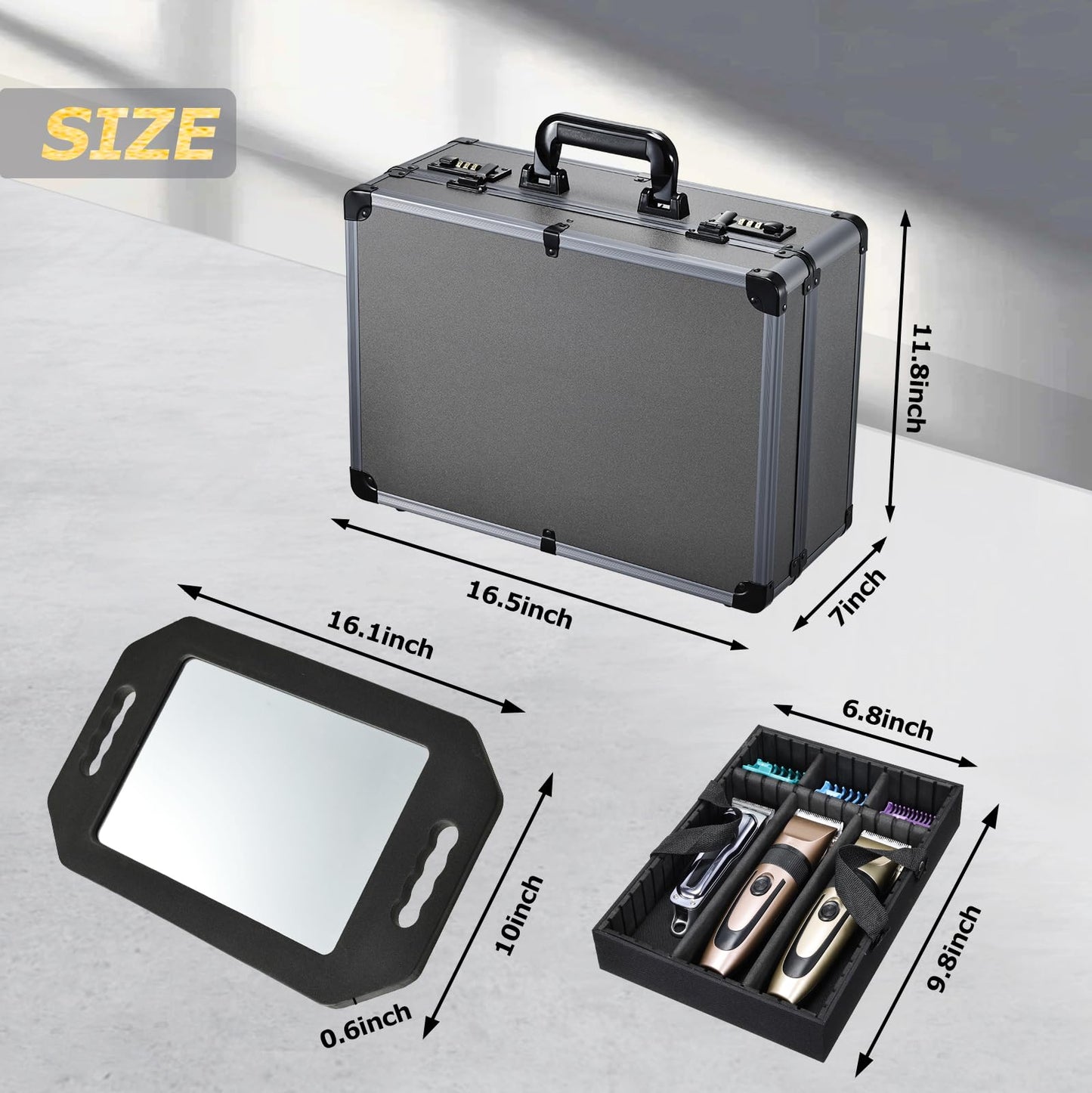 Yueieoun Professional Barber Case with Barber Clipper Tray Organizer, 6 Adjustable Clipper Slots & 8 Shear Holders, Portable Barber Carrying Case for Hair Tools & Supplies with Combo Locks
