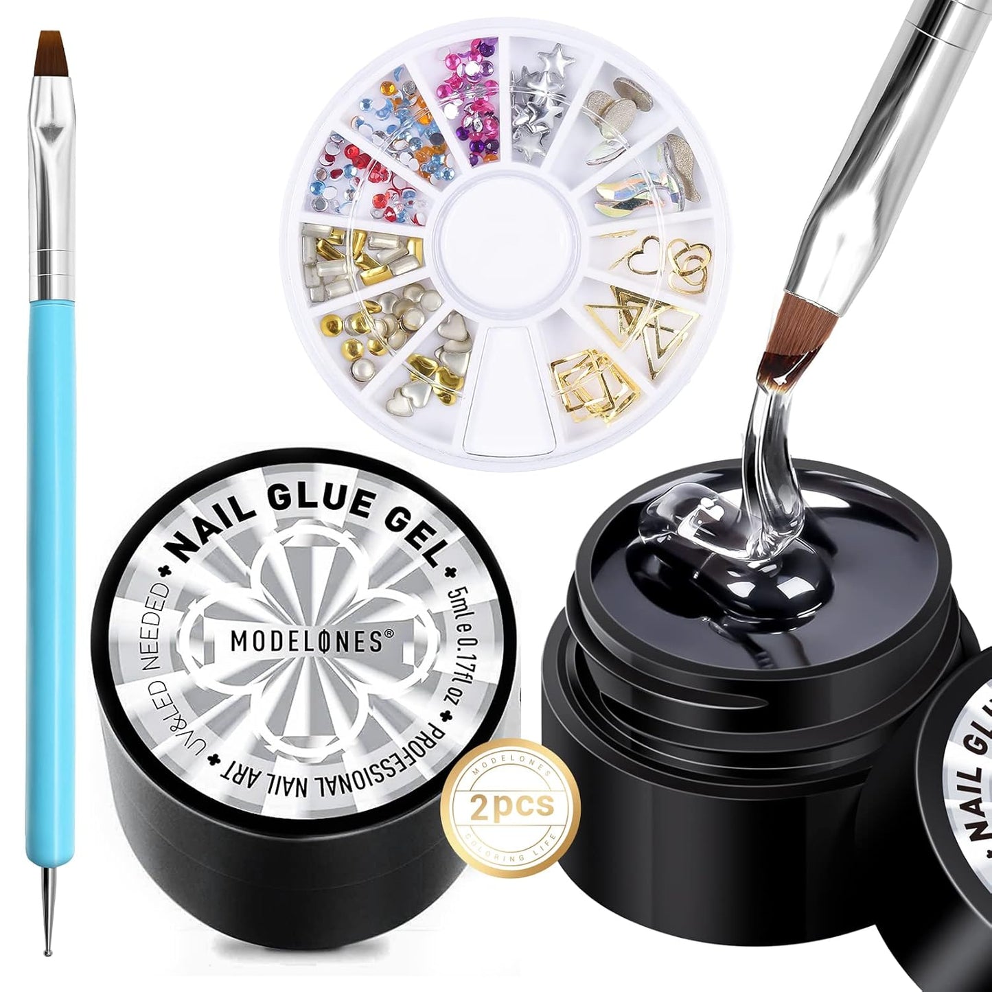 Rhinestone Nail Gem Glue - Super Strong No Wipe Adhesive with Dual-Use Brush | 2×5 ml