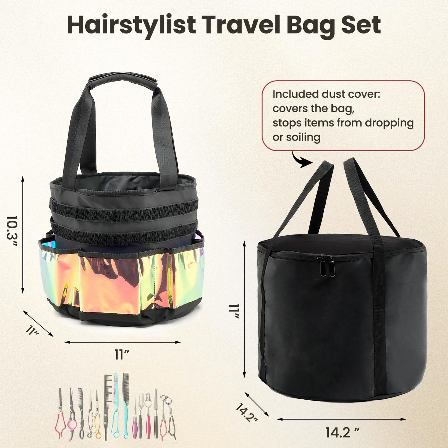 PUMHUBO Hairstylist Travel Bag, with Dust Cover, 11L Large Capacity, Heat-Resistant Interior, Iridescent Pockets, 24 Hook-and-loop Slots, Top Drawstring, Makeup & Pet Grooming Supplies Organizer