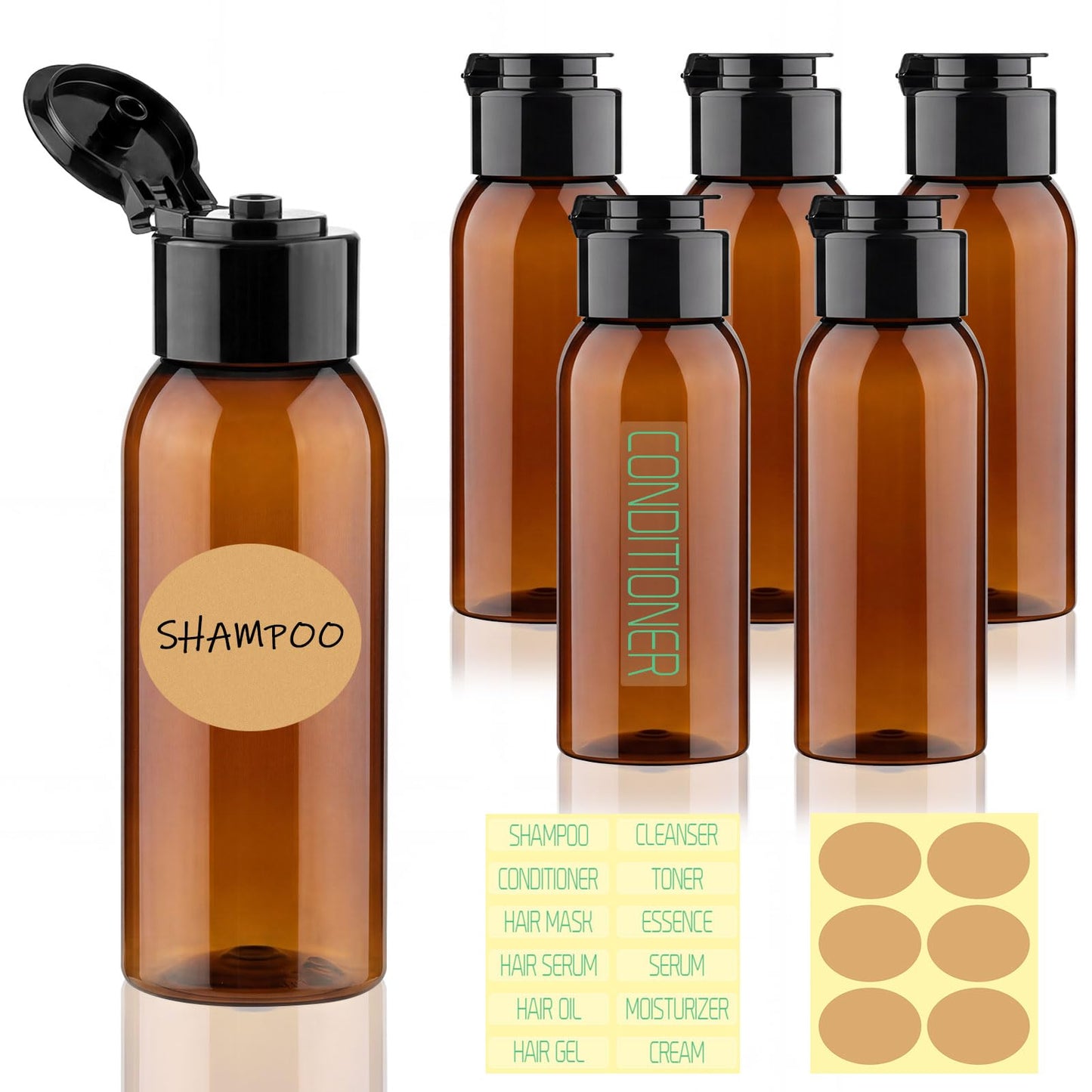 Decorniqu 6 Pack 3.4oz Travel Bottles for Toiletries Leak Proof Travel Size Toiletries Wide Mouth Containers TSA Approved Squeeze Bottles with Flip Cap for Shampoo Conditioner Body Wash Lotion(Brown)