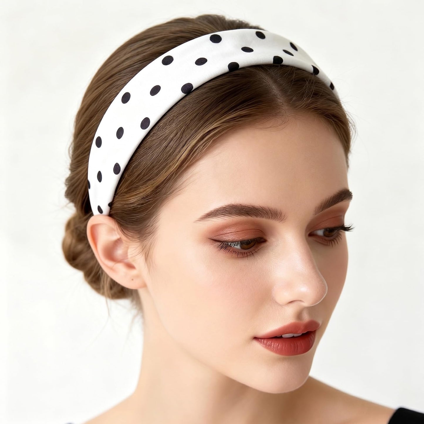 Women's Polka Dot Wide Headband, Vintage Boho Knotted Hair Band, Elastic Non-Slip Headwrap for Daily Wear, Makeup, Sports (White)