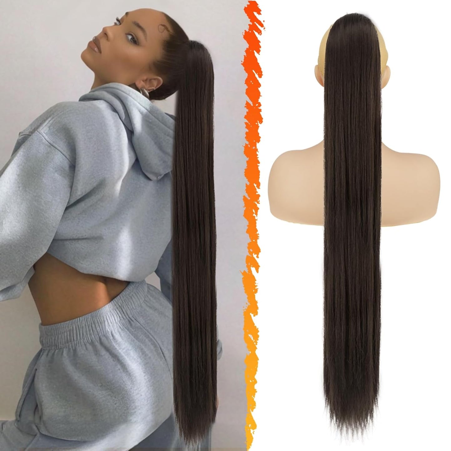 Long Straight Ponytail Extension - 26 Inch Brown Synthetic Clip-In Hairpiece for Women | Light Brown Mixed