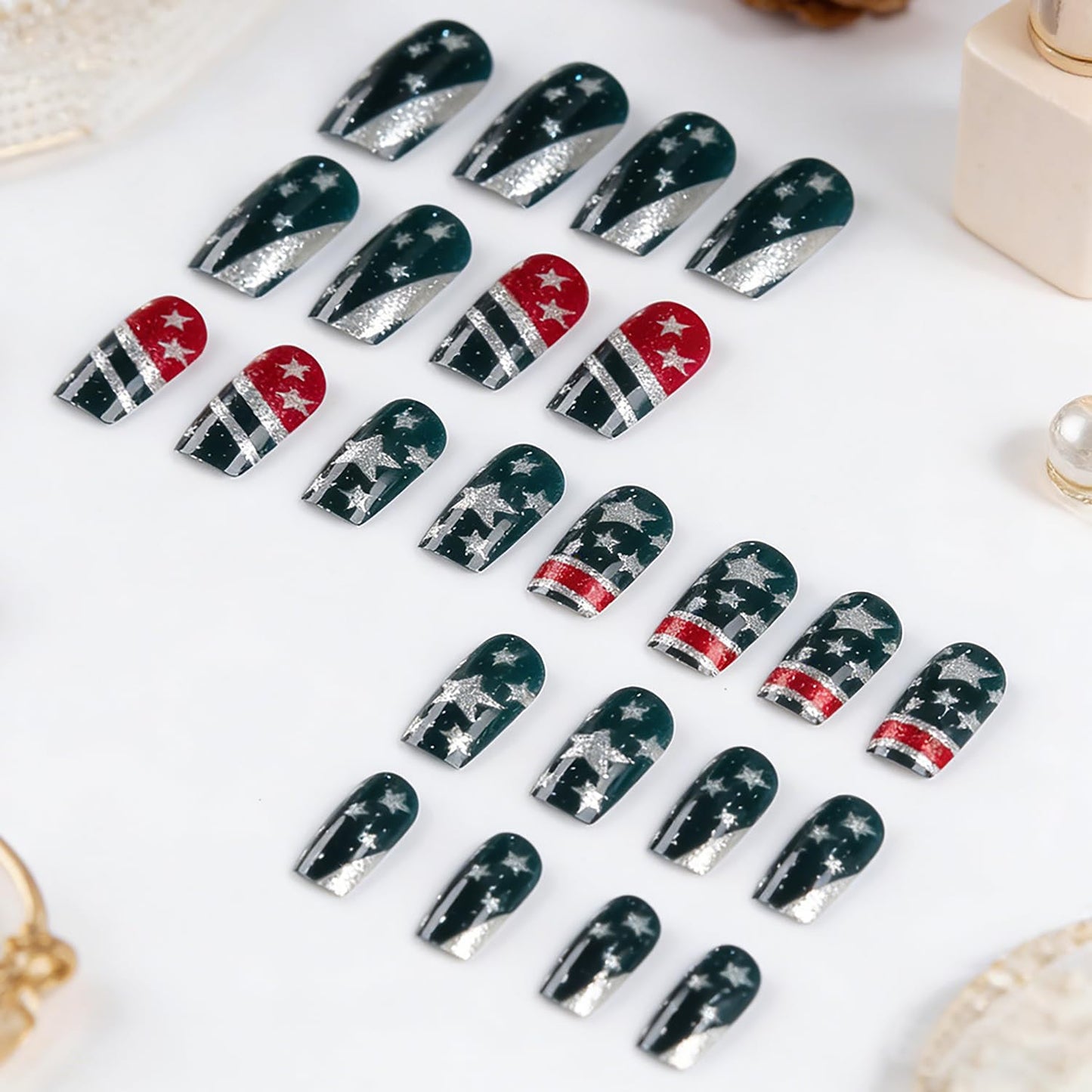 24Pcs 4th of July Press-On Nails - Medium Square Black American Flag Glitter Acrylic | Patriotic Full Cover Design