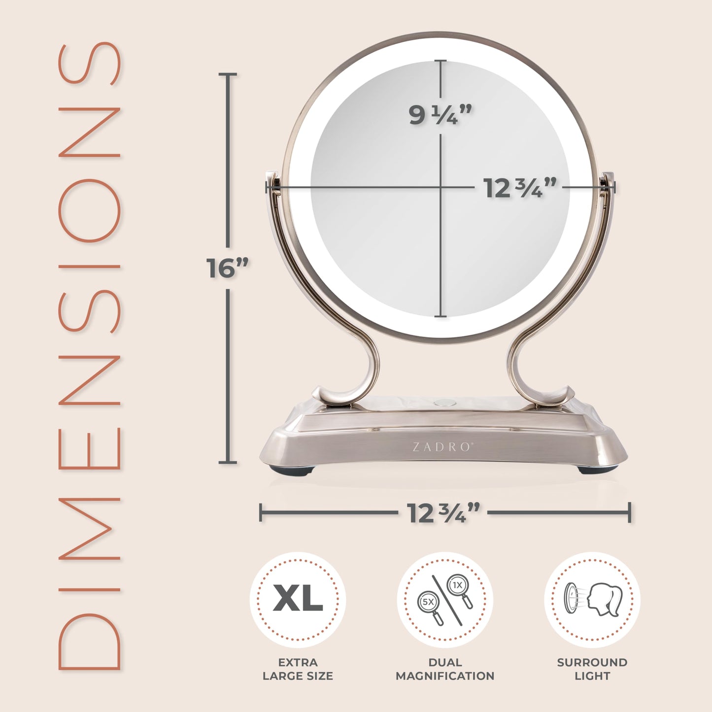 Zadro 12" Glamour LED Makeup Mirror with Lights and Magnification 5X/1X Touch Control Mirror with Lights for Makeup Desk (X-Large | 5X/1X | 12" W x 16" H | LED, Polished Nickel)