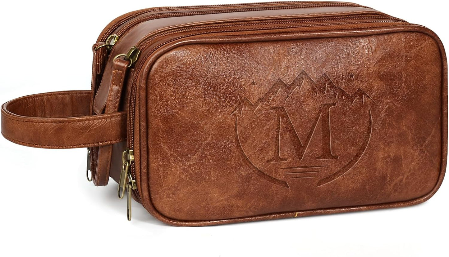 Personalized Toiletry Bag for Men - Engraved Waterproof PU Leather Shaving Bag | Ideal Father’s Day Gift, Brown - M