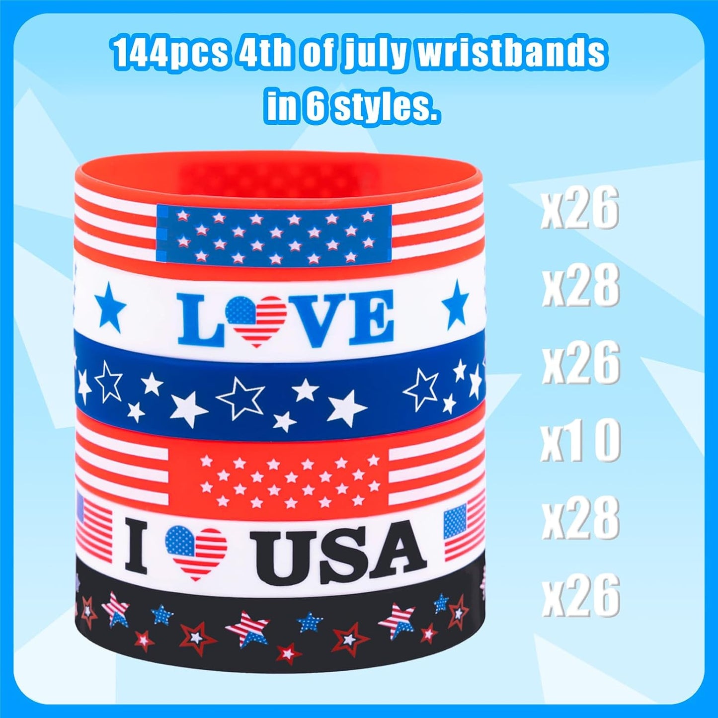 Patriotic Silicone Rubber Bracelets - 144PCS USA Flag Wristbands for 4th of July Party Favors | Memorial Day Decorations