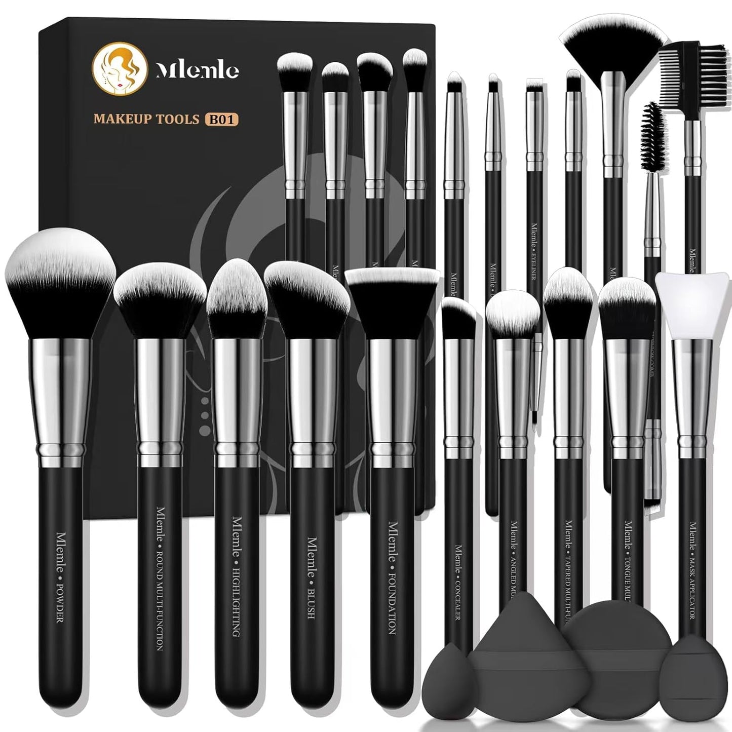 Professional Makeup Brushes Set - 25 Pcs Kit with Foundation, Blush, Eyeshadow Brushes & Sponges | Black