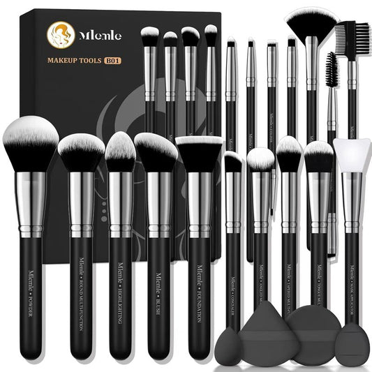 Professional Makeup Brushes Set - 25 Pcs Kit with Foundation, Blush, Eyeshadow Brushes & Sponges | Black