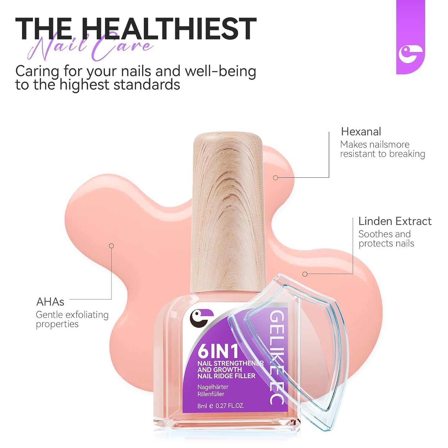 Nail Growth Strengthener - Gelike 6-in-1 Natural Hardener for Weak Nails | Nude Blush Color