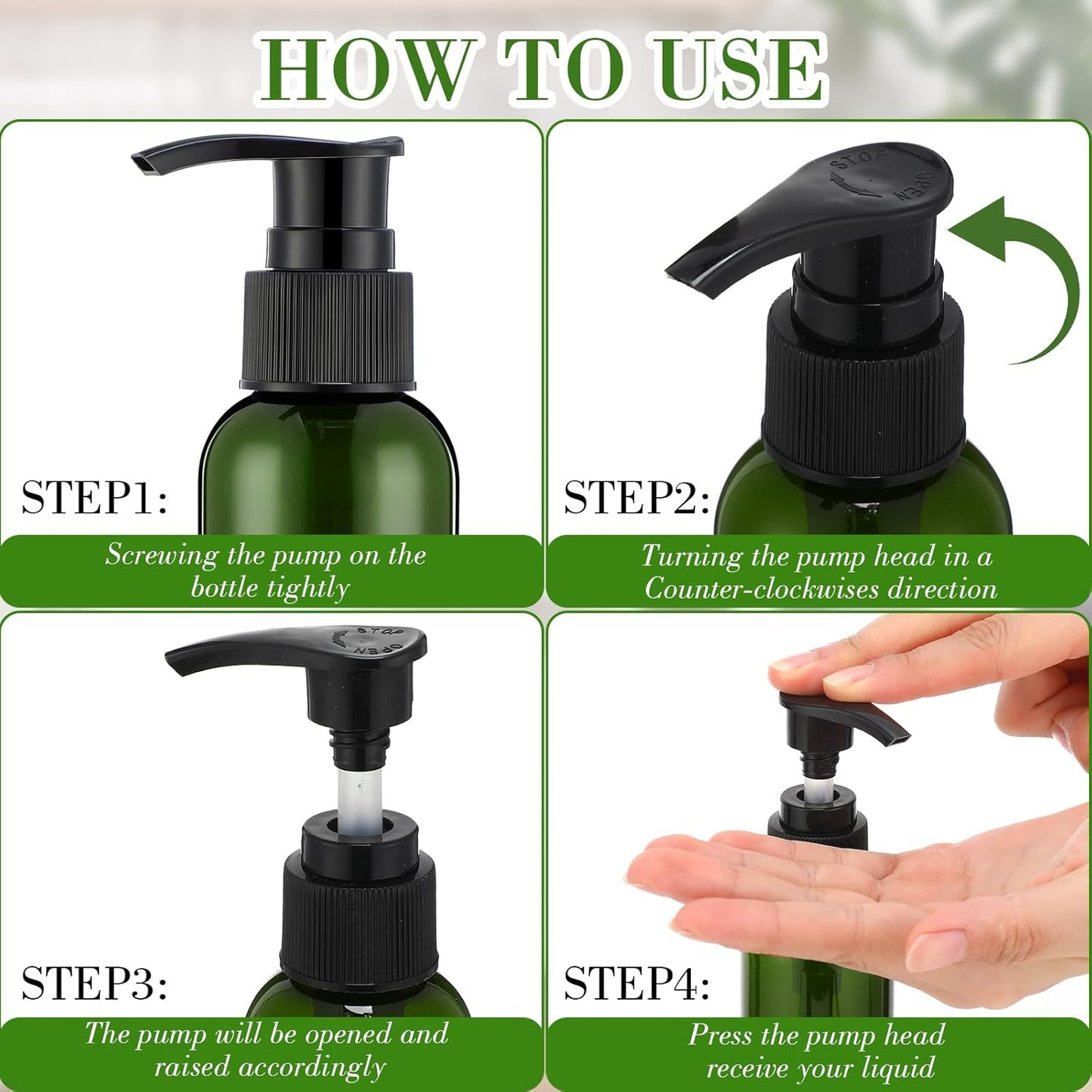 Refillable 4oz Lotion Pump Bottles - 48 Pcs Leak-Proof Plastic Dispensers | Black & Green