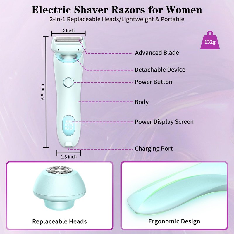 Electric Shaver for Women, Silk Glide Pro Shaver, 2 in 1 Wet & Dry Waterproof Electric Razors with Removable Head, Bikini Trimmer for Women for Leg Arm Underarm Bikini Area (Blue)