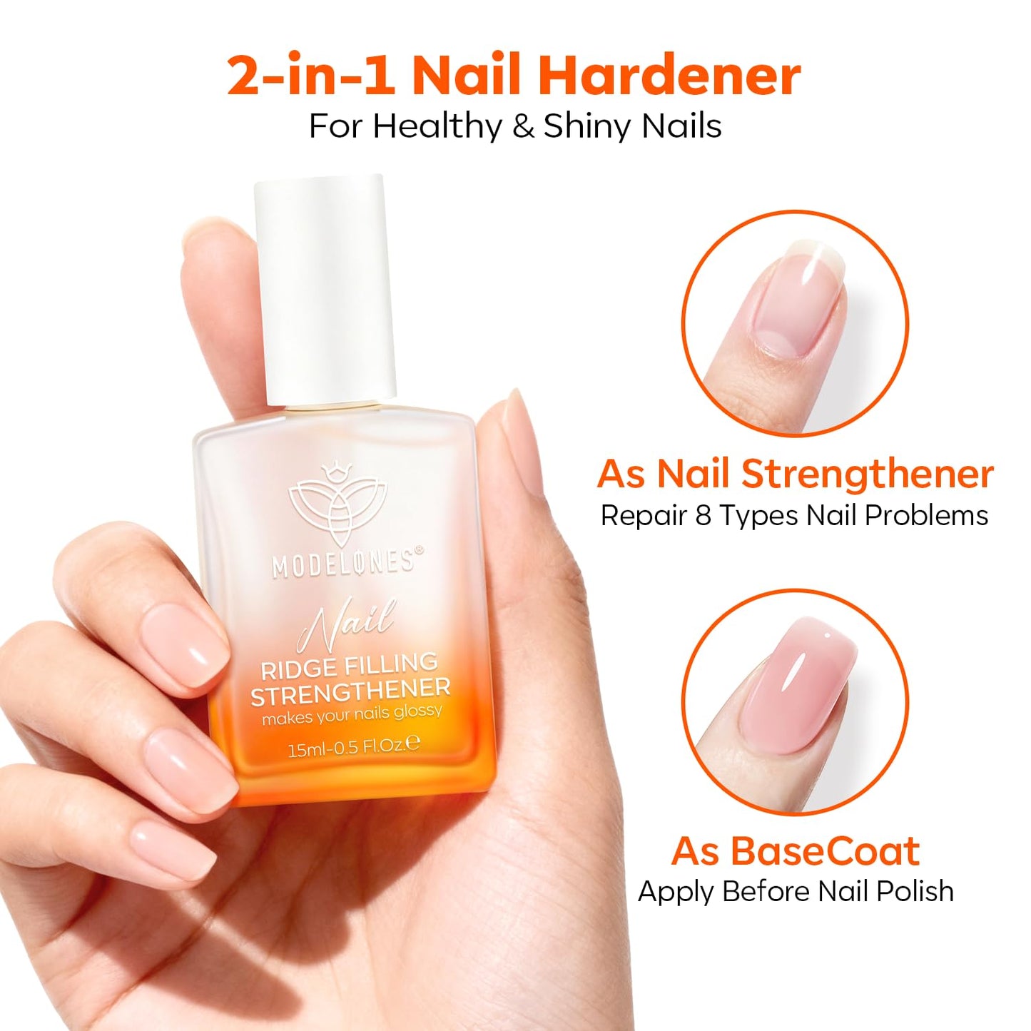 modelones Nail Strengthener and Growth, No Harsh Smell Pure Clear Nail Polish for Damaged Thin Brittle Nails Toenails Hardener, Quick Dry Ridge Filler and Concealer Effect DIY Salon 15ml