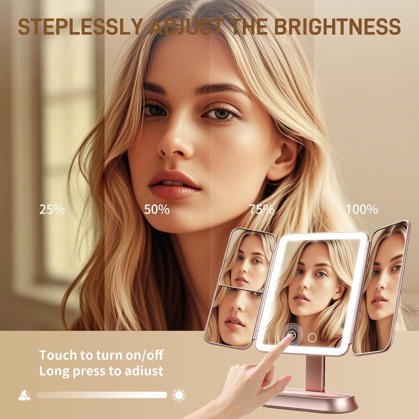 Lighted Makeup Mirror - 1X/3X/5X Magnification, Elegant Rose Gold Trifold Vanity Mirror with Smart Touch & 3 Lighting Modes | Portable Rechargeable Design