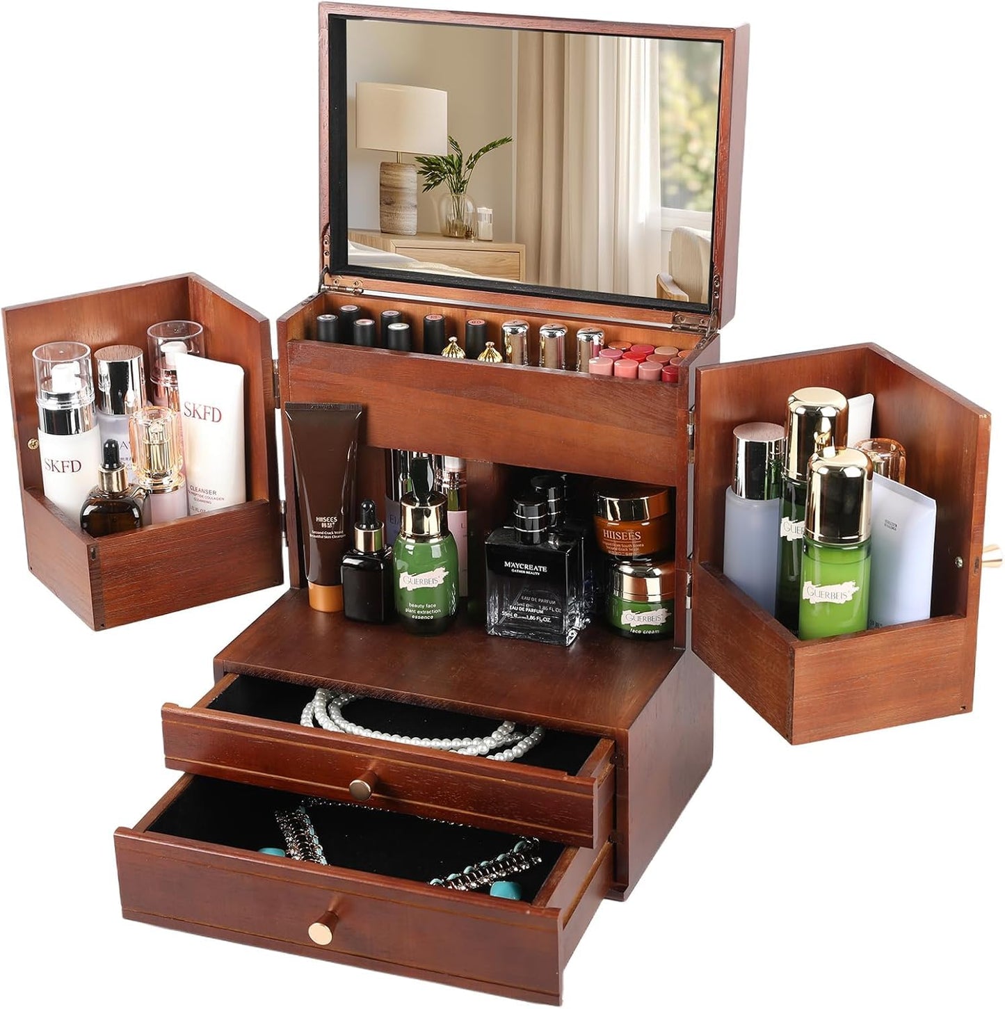 TIRYIUOU Makeup Organizer Countertop with Drawers: Wooden Multifunctional Dresser Top Cosmetics Storage Tabletop Skin Care Organizer Shelf for Desktop, Skincare, Beauty Supplies, Cosmetics Display