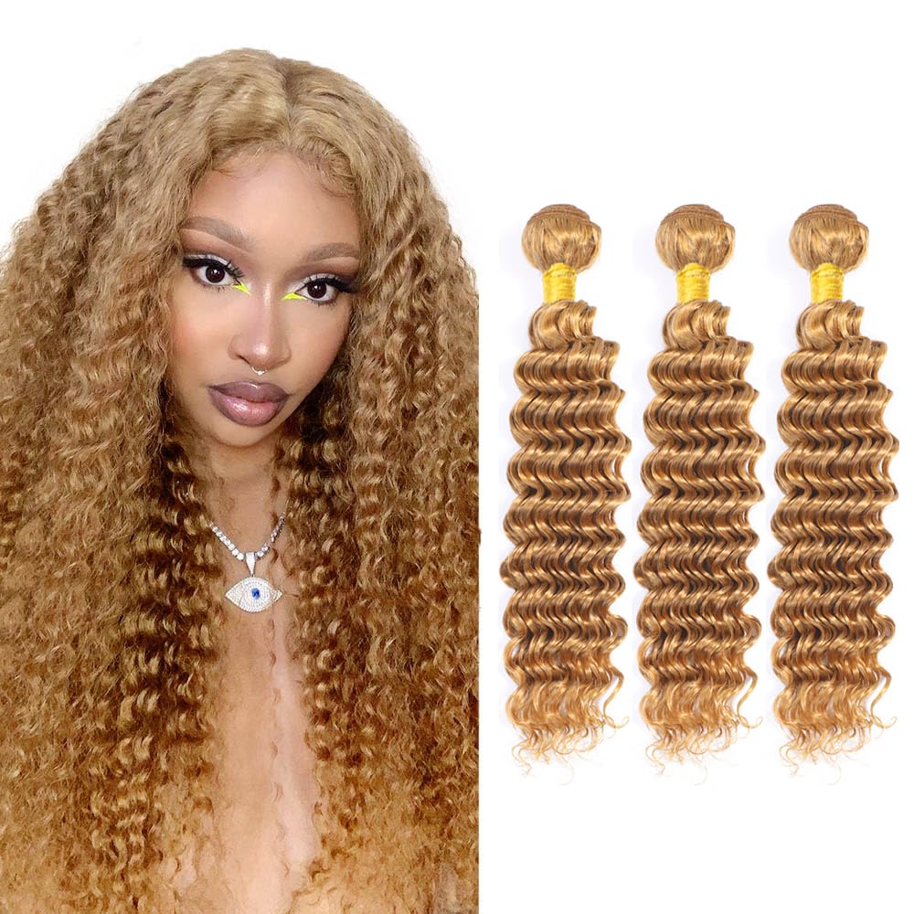 18 20 22 Inch #27 Blonde Bundles Human Hair Deep Wave 3 Bundles Brazilian Remy Hair 50 Grams/Bundle 10A Grade Unprocessed Virgin Hairs Honey Blonde Deep Wave Bundle Weaves Extensions for Women