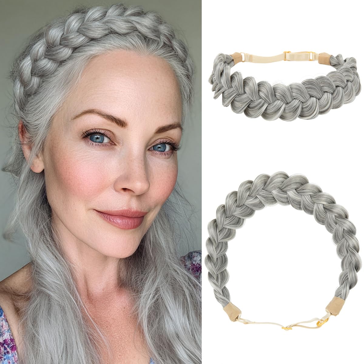 Wide Elastic Braided Headbands for Women - Adjustable Synthetic Hair Hairpiece | Grey Multi