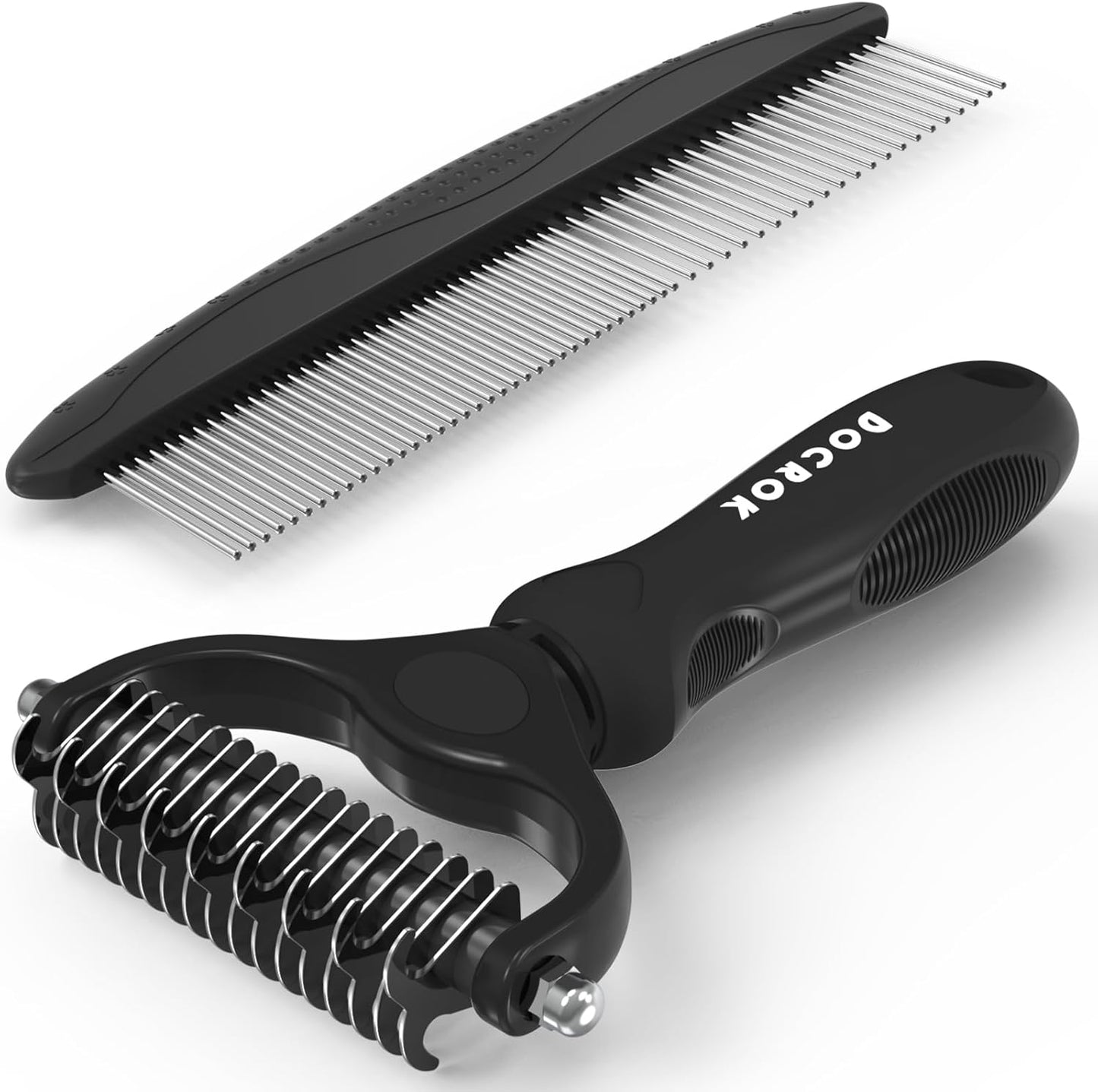 Pet Grooming Combo - Blue Deshedding Brush & Metal Comb for Detangling Long Matted Fur | Ideal for Cats & Dogs