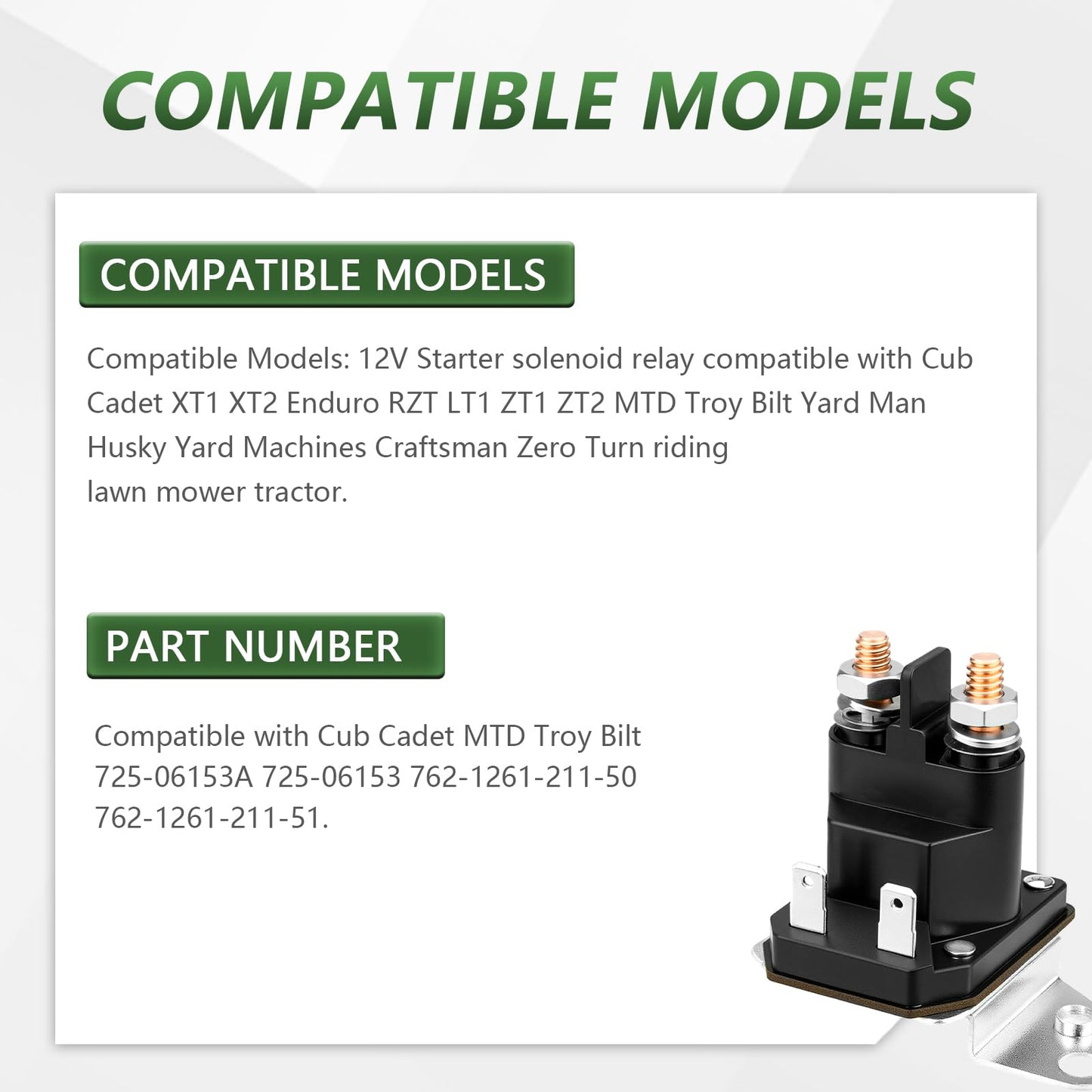 Tecreddy 725-06153A Starter Solenoid for Cub Cadet XT1 XT2 Enduro RZT LT1 ZT1 ZT2 MTD Troy Bilt Yard Man Husky Yard Machines Craftsman Zero Turn Riding Lawn Mower Tractor 762-1261-211-50