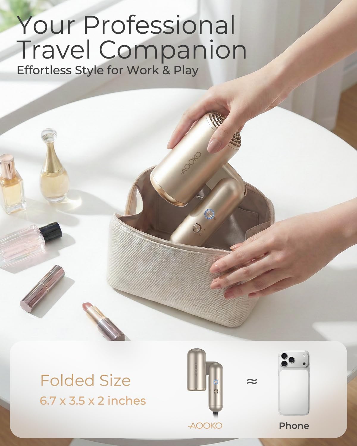 Travel Hair Dryer - Dual Voltage Mini Blow Dryer 110,000 RPM, Lightweight & Low Noise | 100-240V Portable with Concentrator